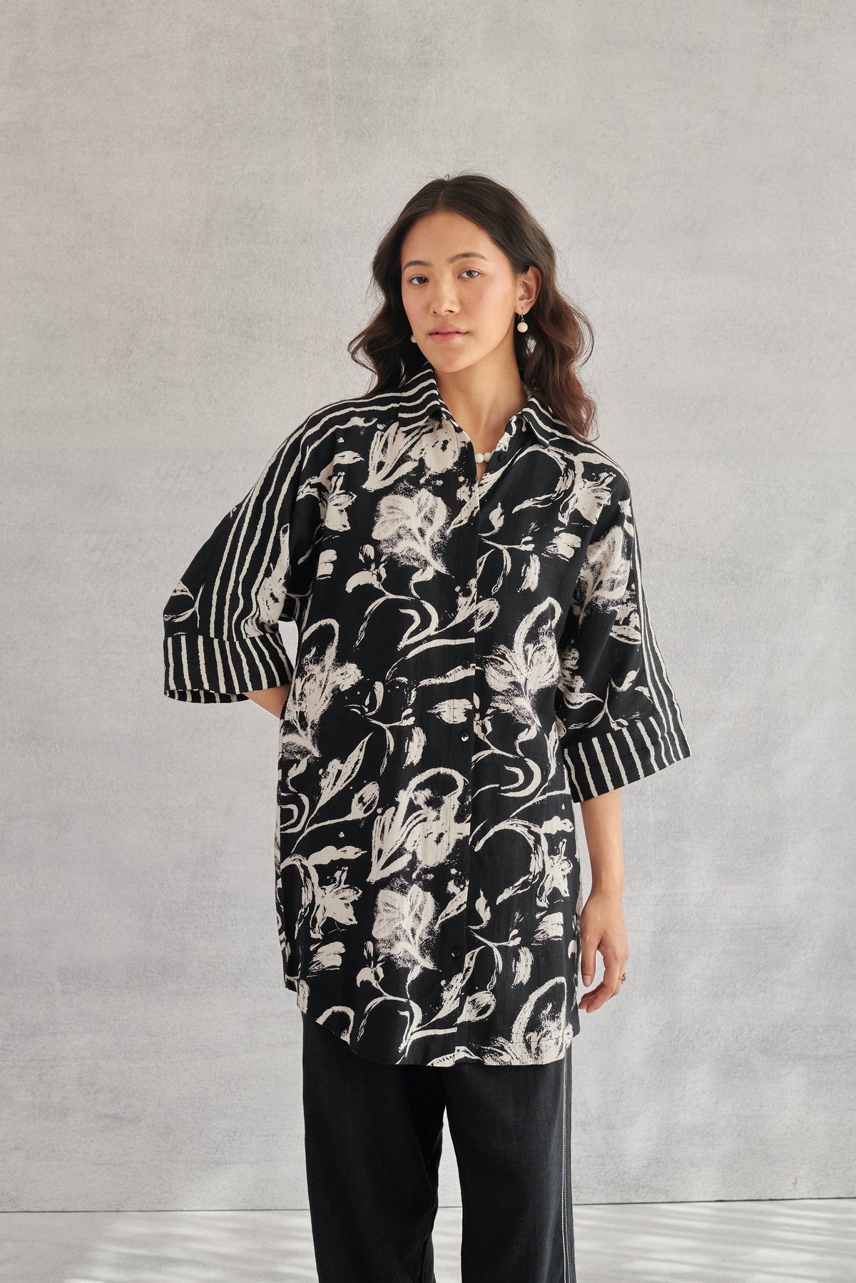 Black Longline Floral Printed Button-Down Shirt