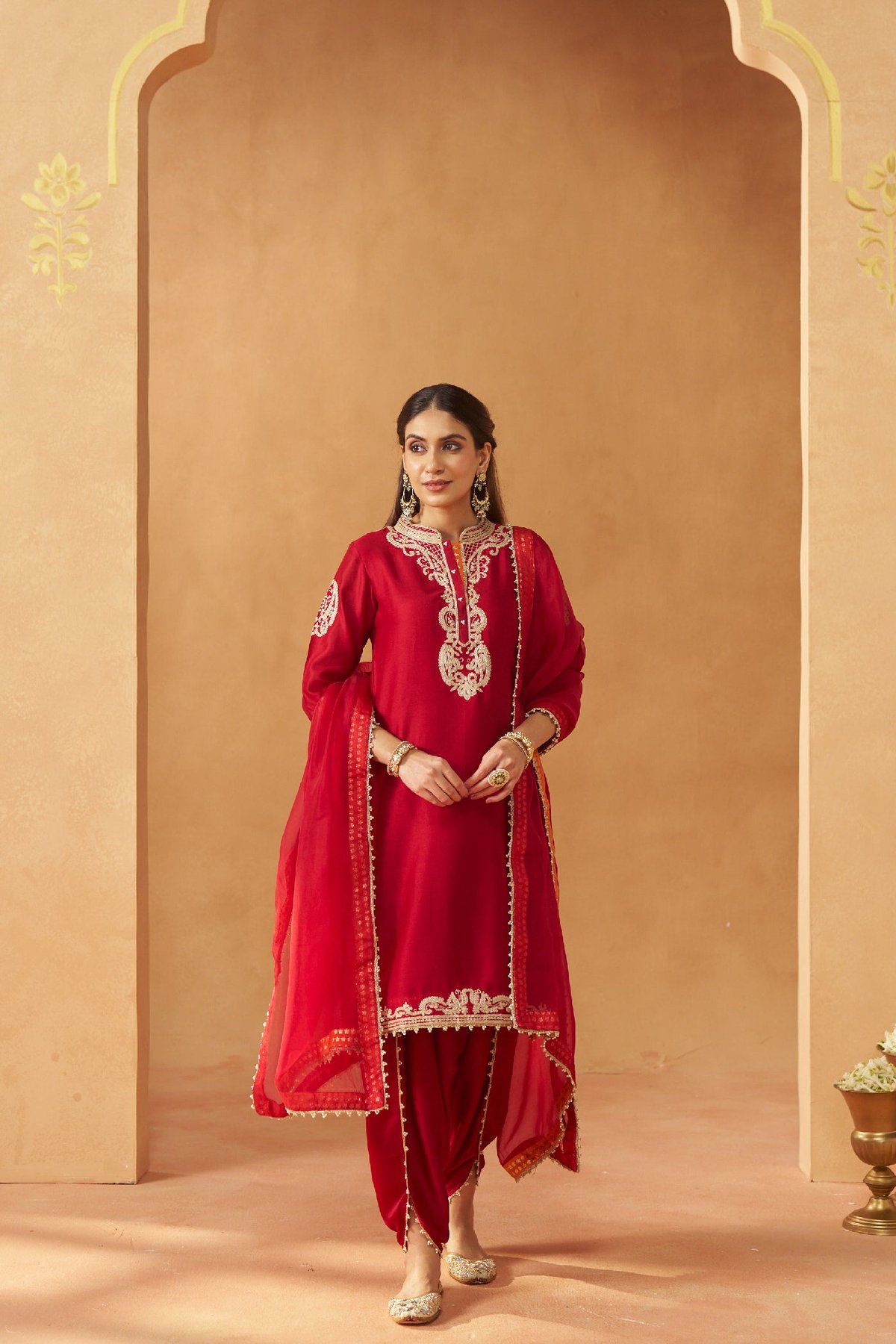 Aabisah- Deep Red Embroidered Kurta With Dhoti With Dupatta