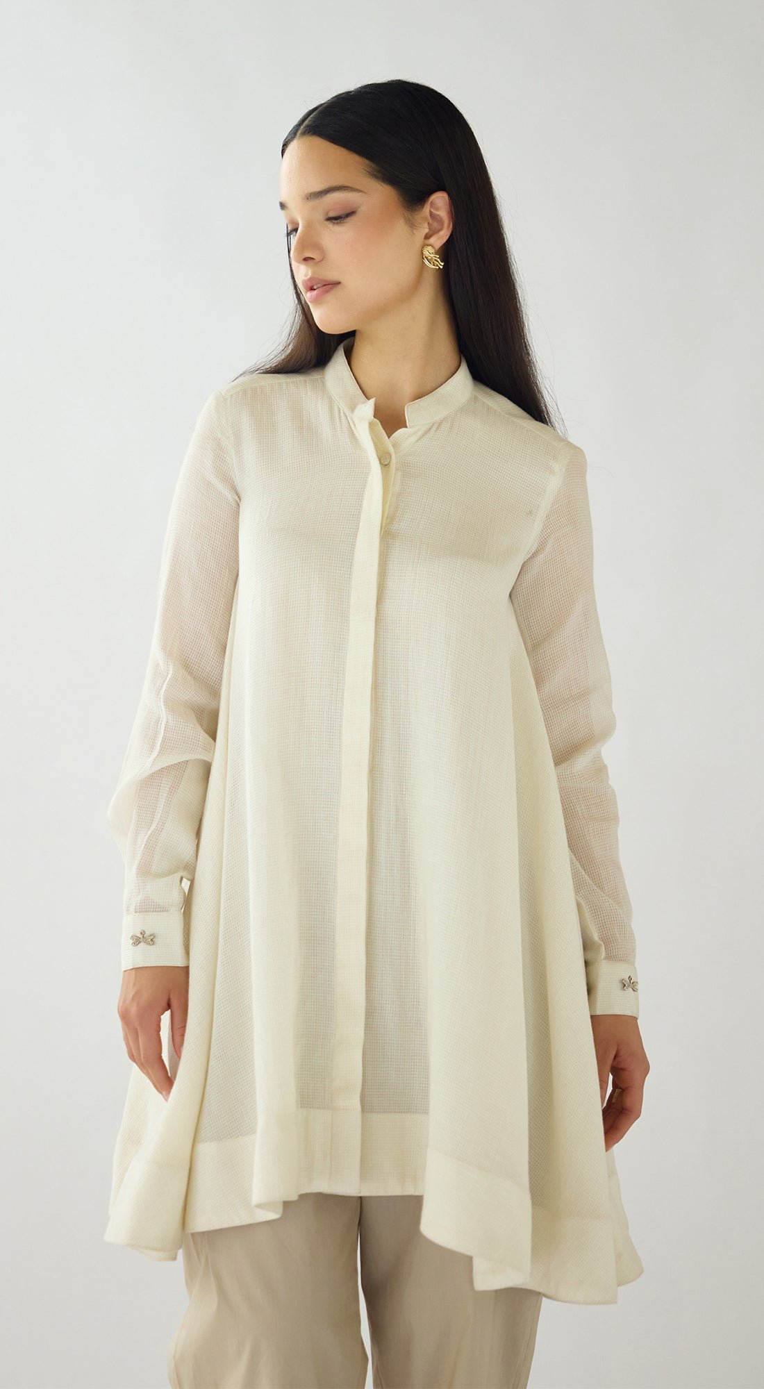 Ivory Cotton Mitton A-Line Tunic Kurta with Mandarin Collar