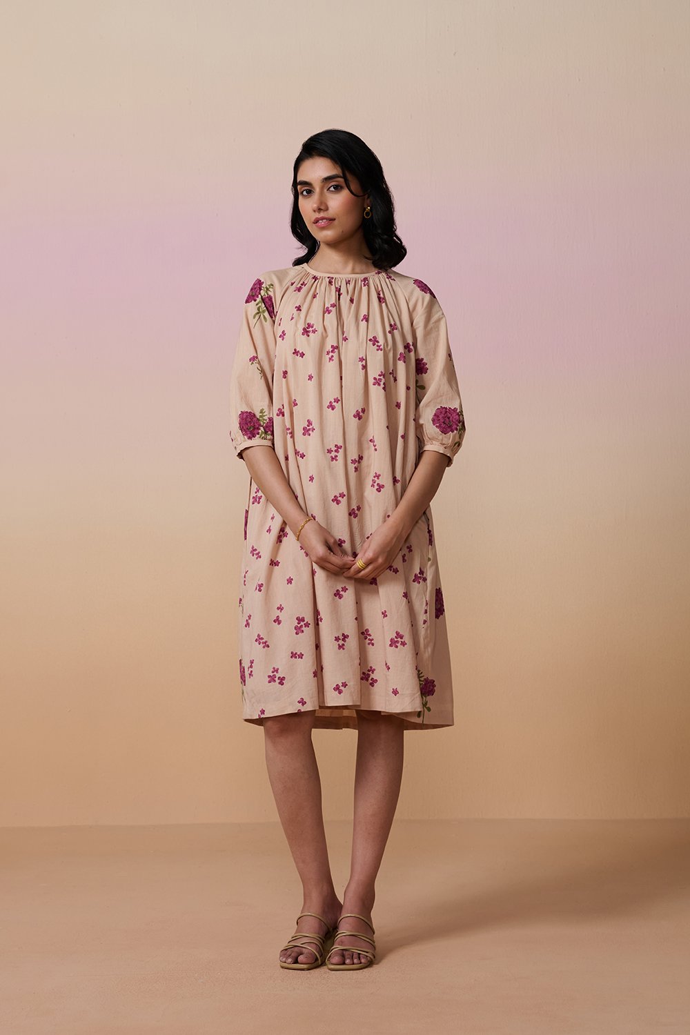 Onion Pink Chanderi Hand Block Floral Dress