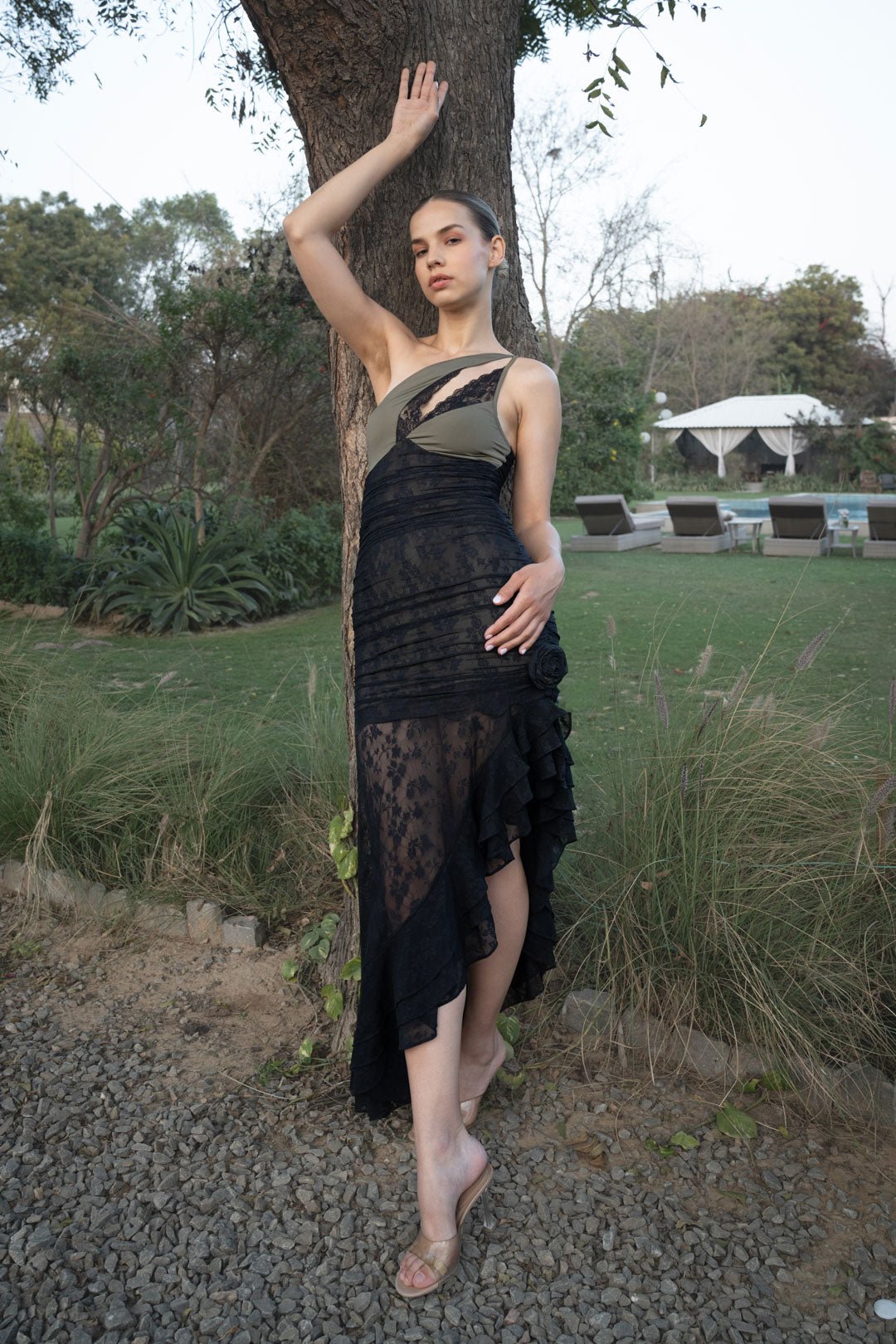 Black One-Shoulder Lace Detail Ruched Midi Dress