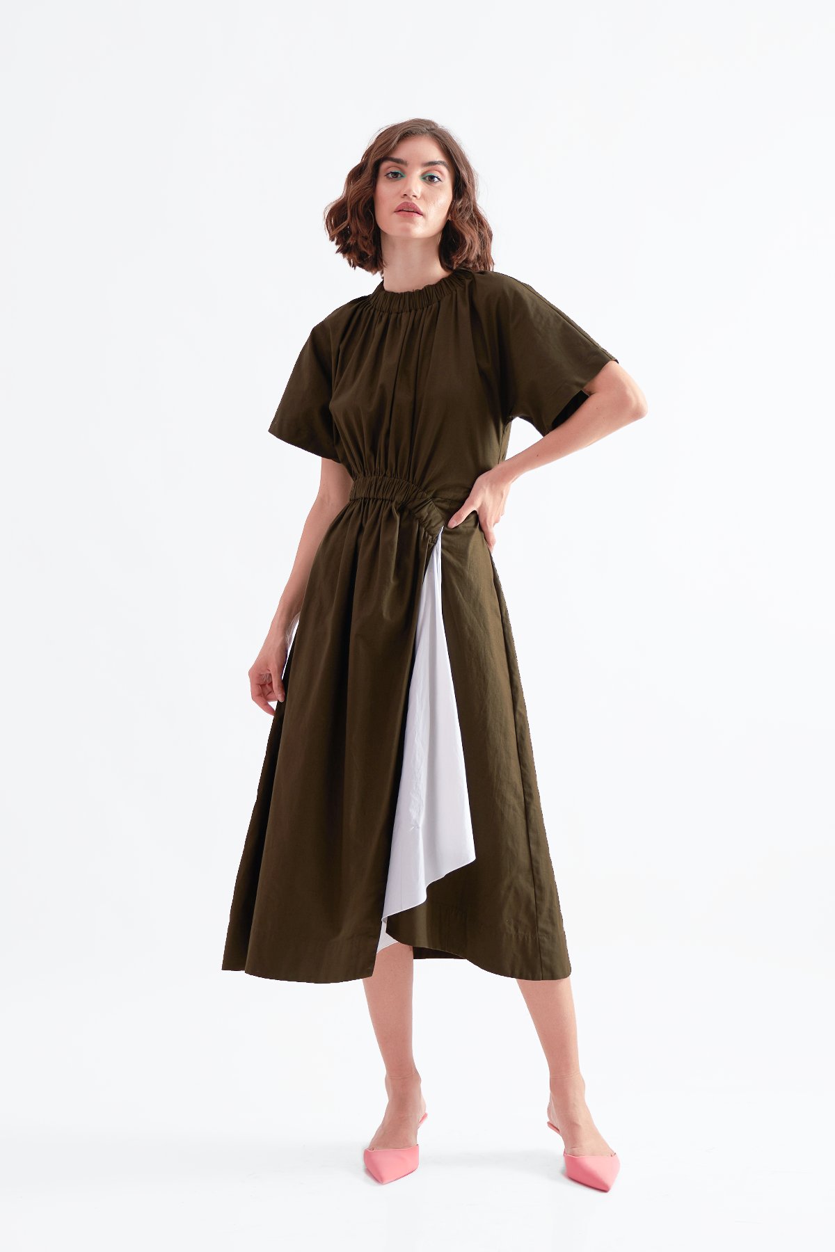 Military Green Asymmetric Hem Midi Dress
