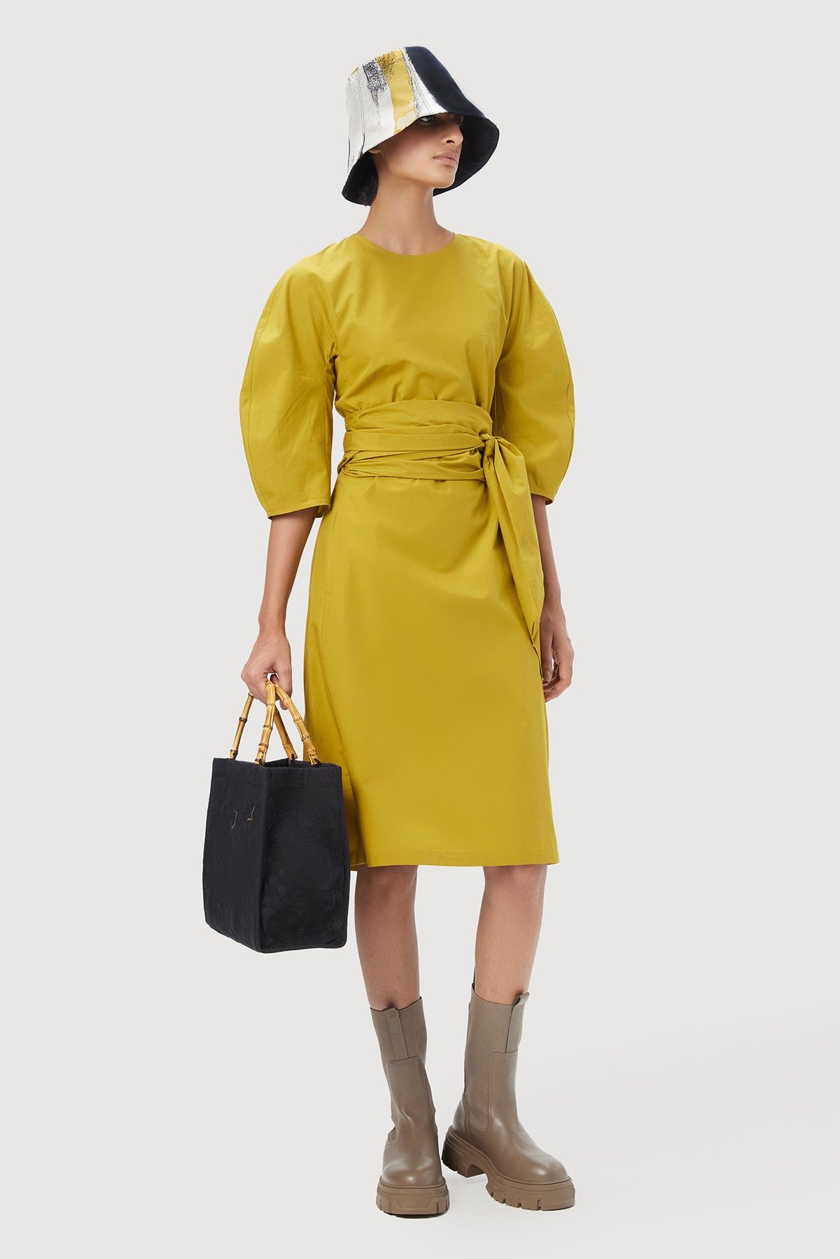 Ochre Cotton Poplin Midi Dress with Waist Tie