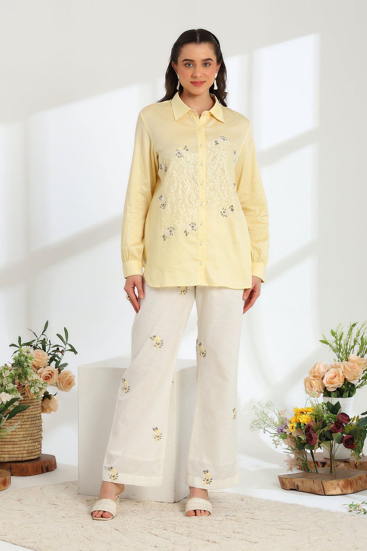 Off White Wide-Leg Linen Trousers with Floral Embroidery
