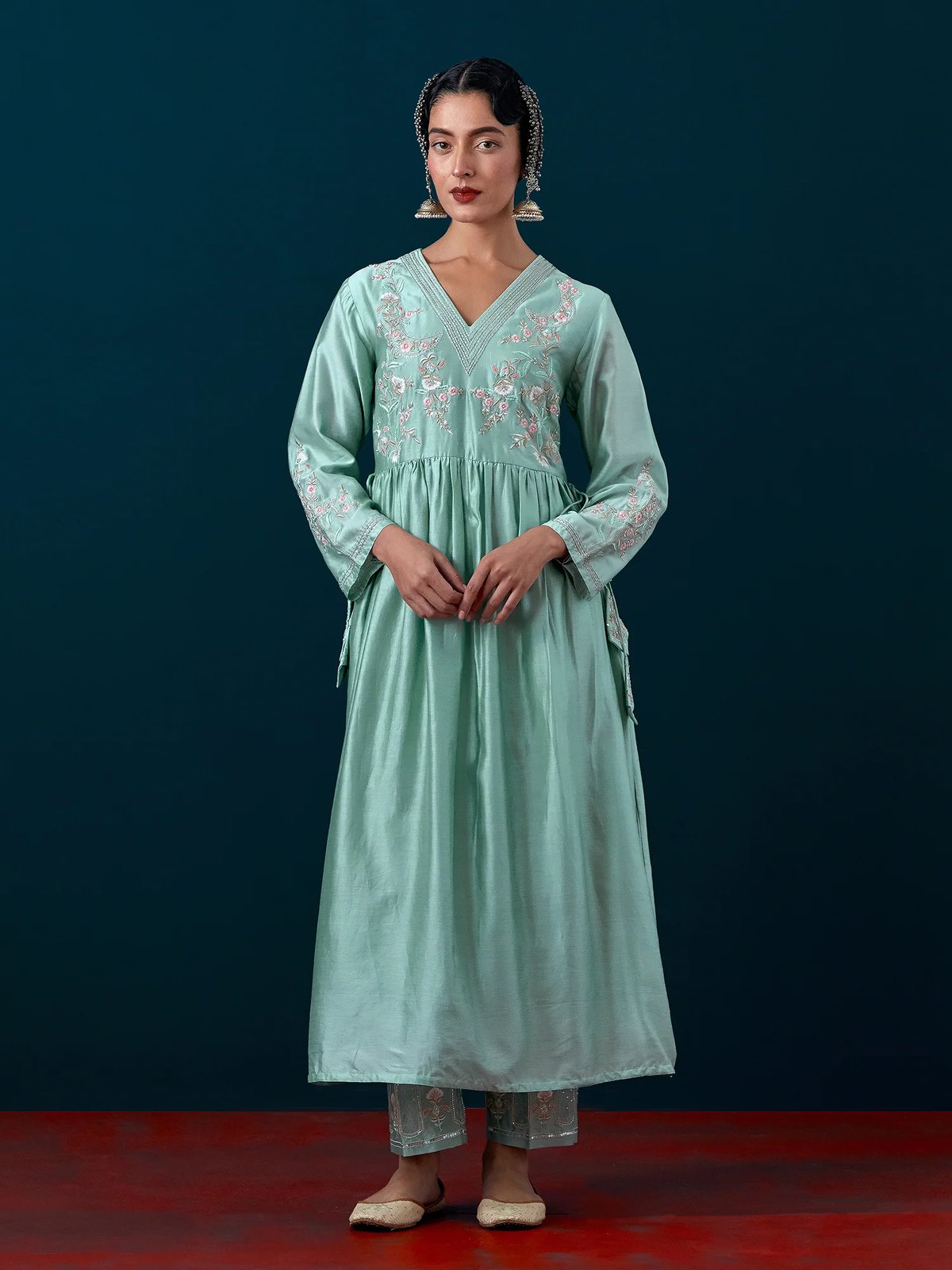 Dull Blue Silk Chanderi Embroidered Yoke Kurta Set