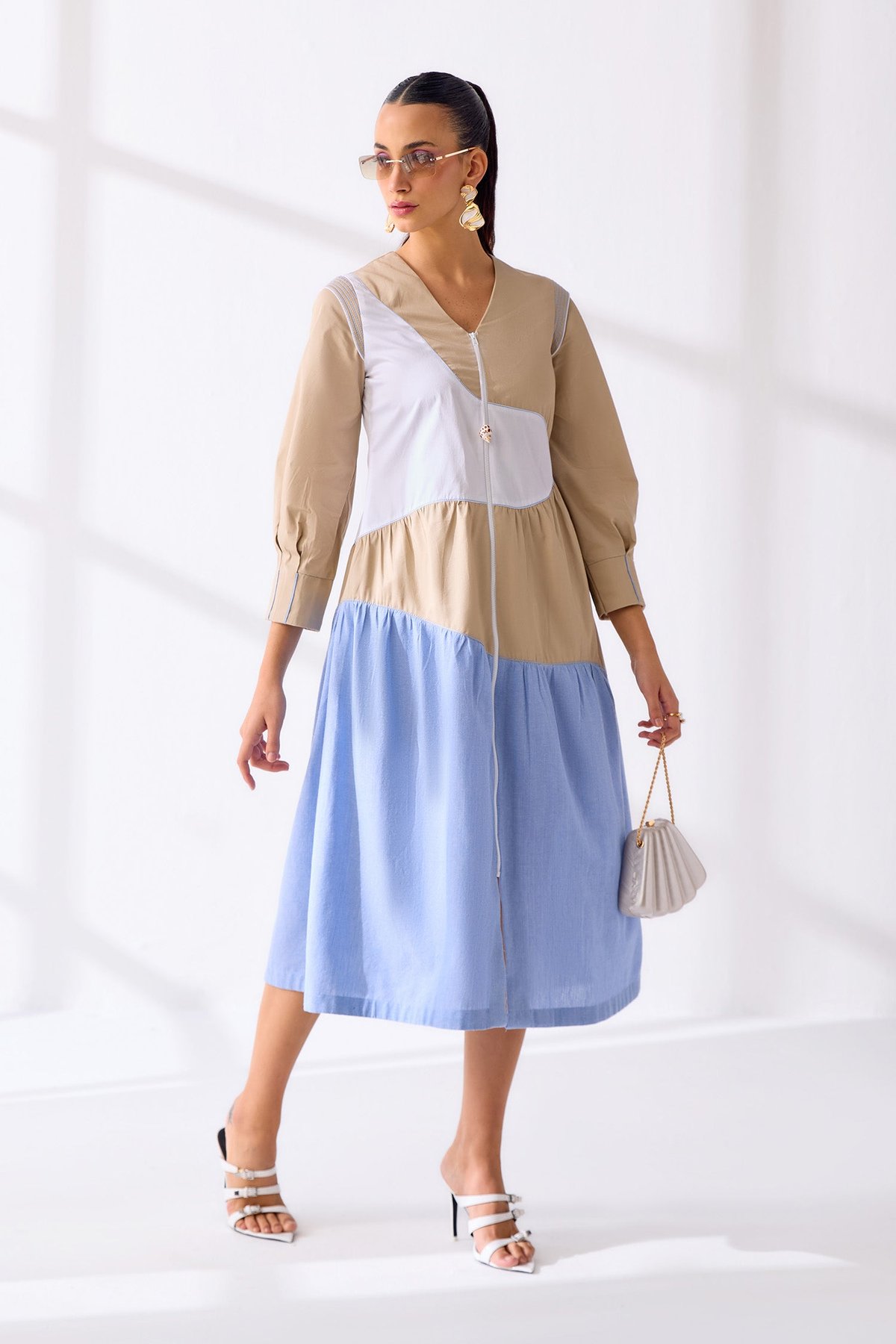 White, Ecru & Blue Colorblock Zip-Front Midi Dress