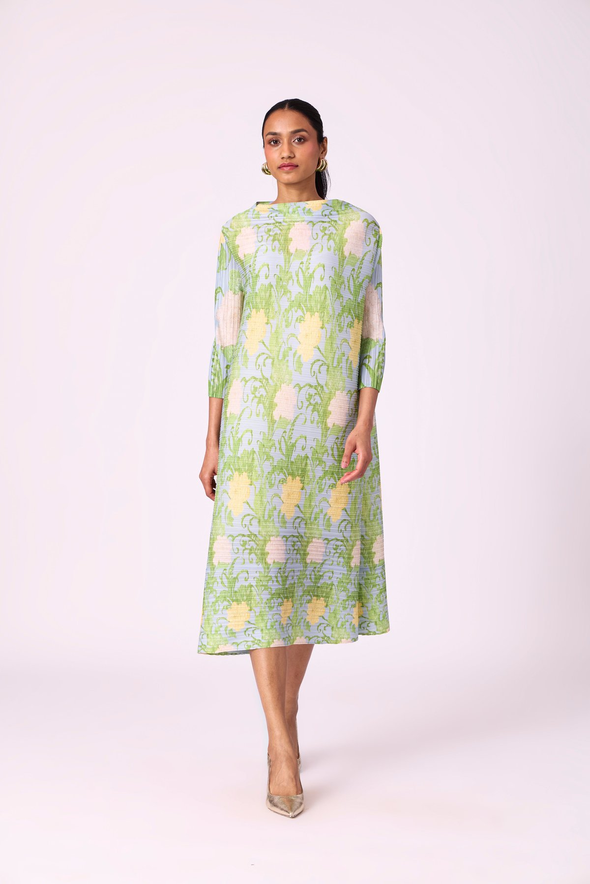 Light Blue Pleated Floral Midi Dress with Belt