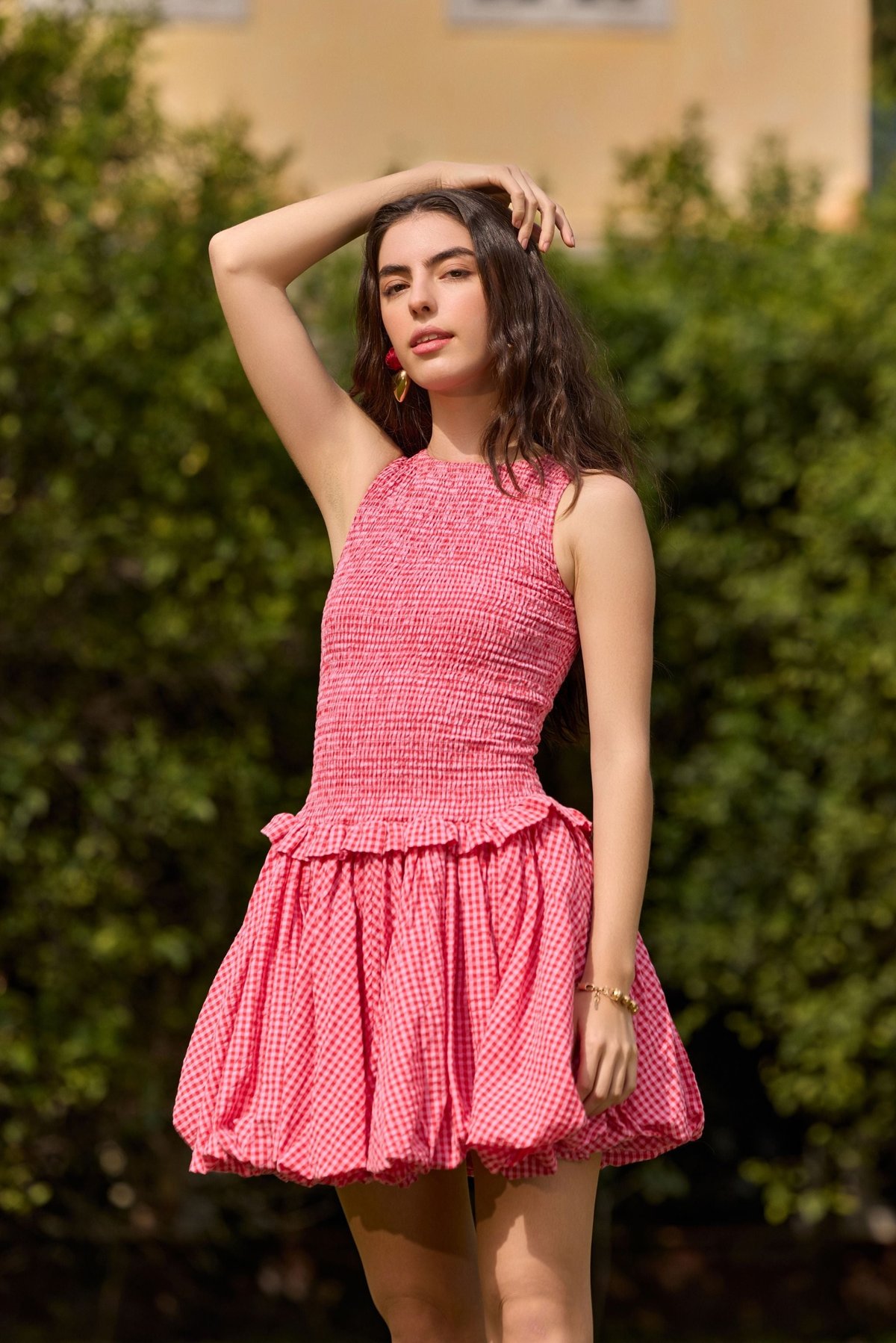 Red Gingham Smocked Bubble Hem Mini Dress