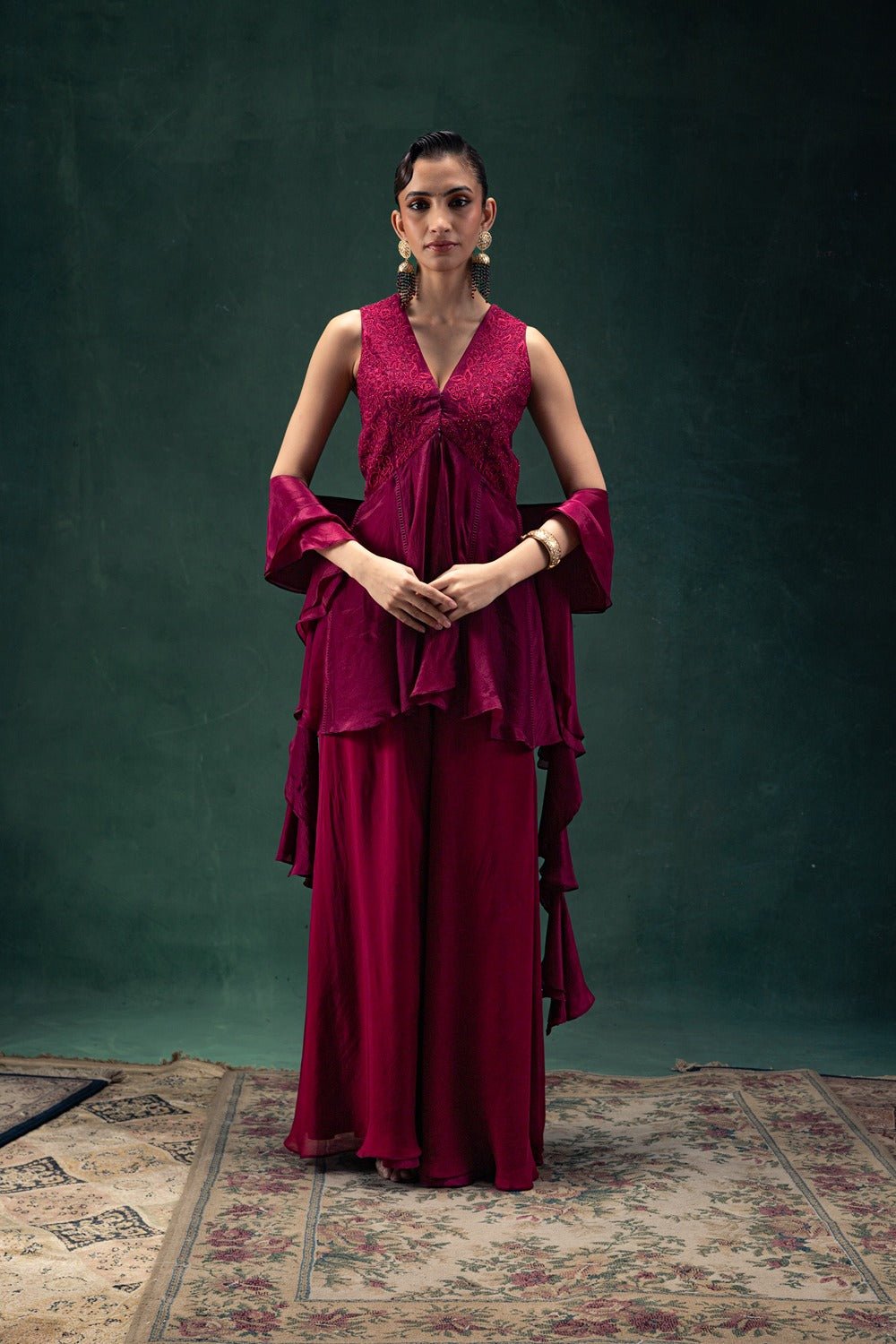 Plum HO Silk Embroidered Sleeveless Kurta Set with Palazzo