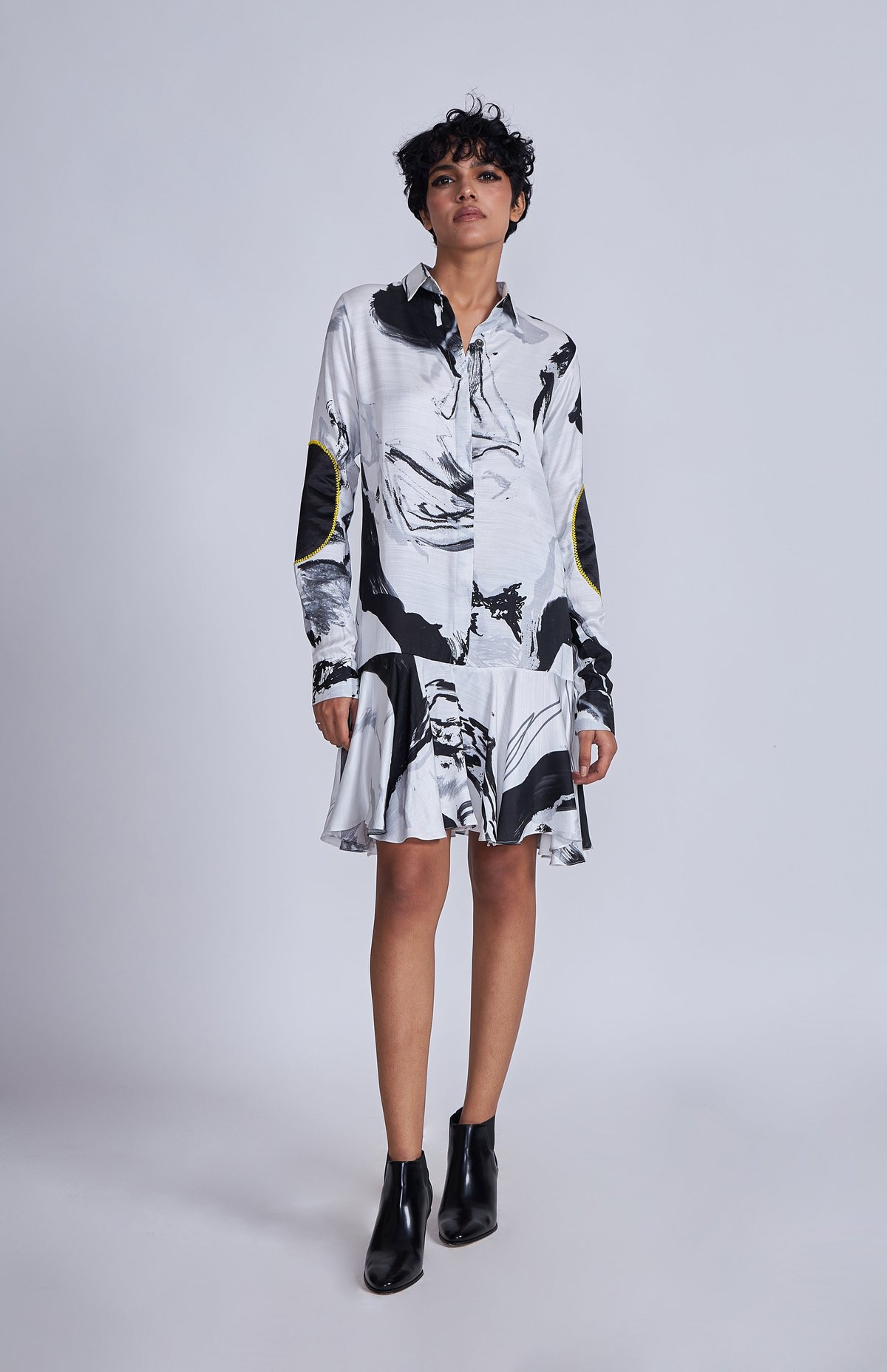 Abstract Print Satin Slub Mini Shirt Dress