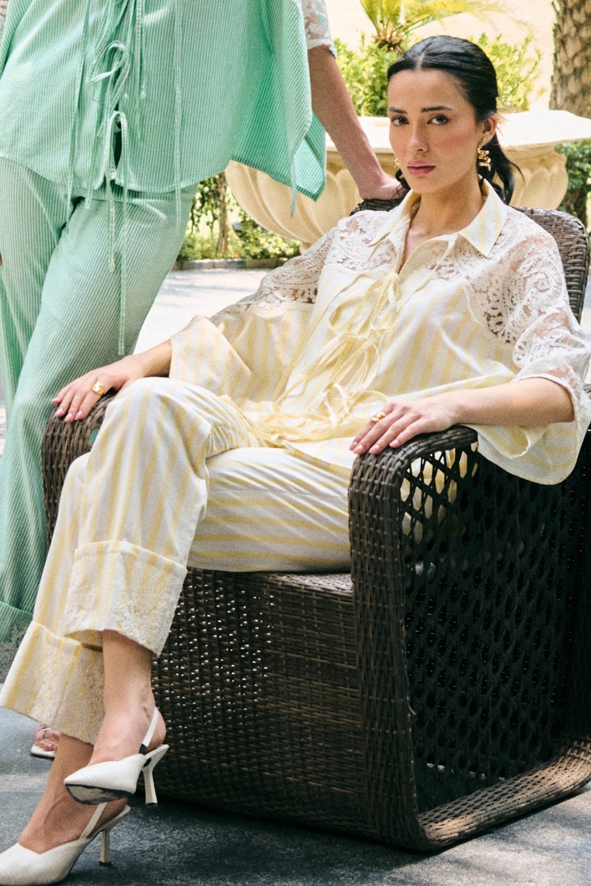 Yellow Striped Cotton Co-ord Set with Lace Panels