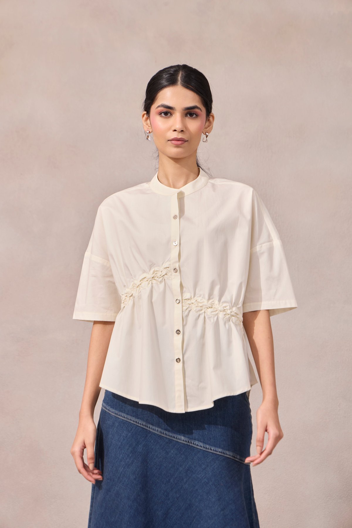 Vanilla Cloud Boxy Cotton Poplin Shirt with Elastic Detail