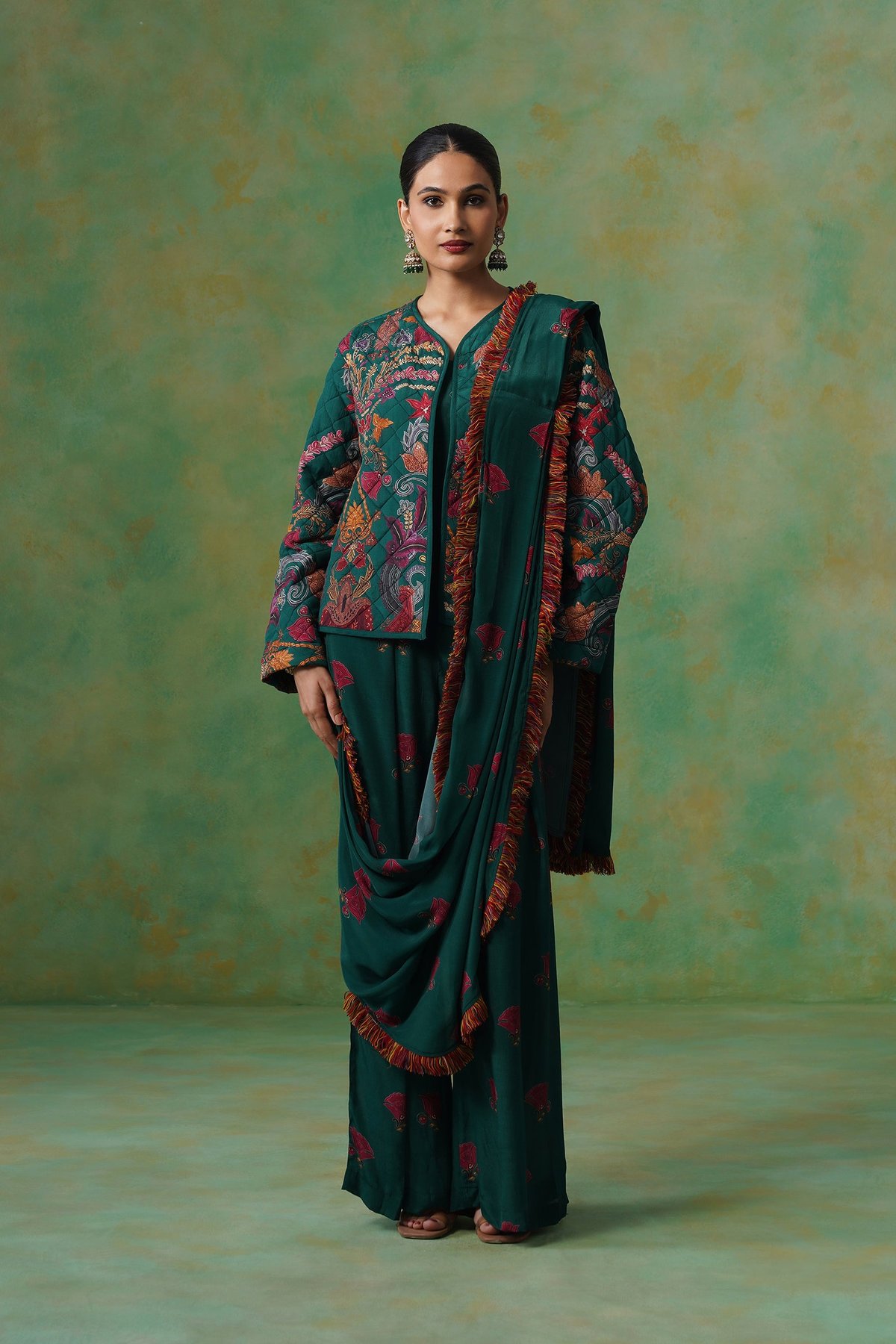 Green Pant Saree Set with Quilted Jacket and Fringe Border