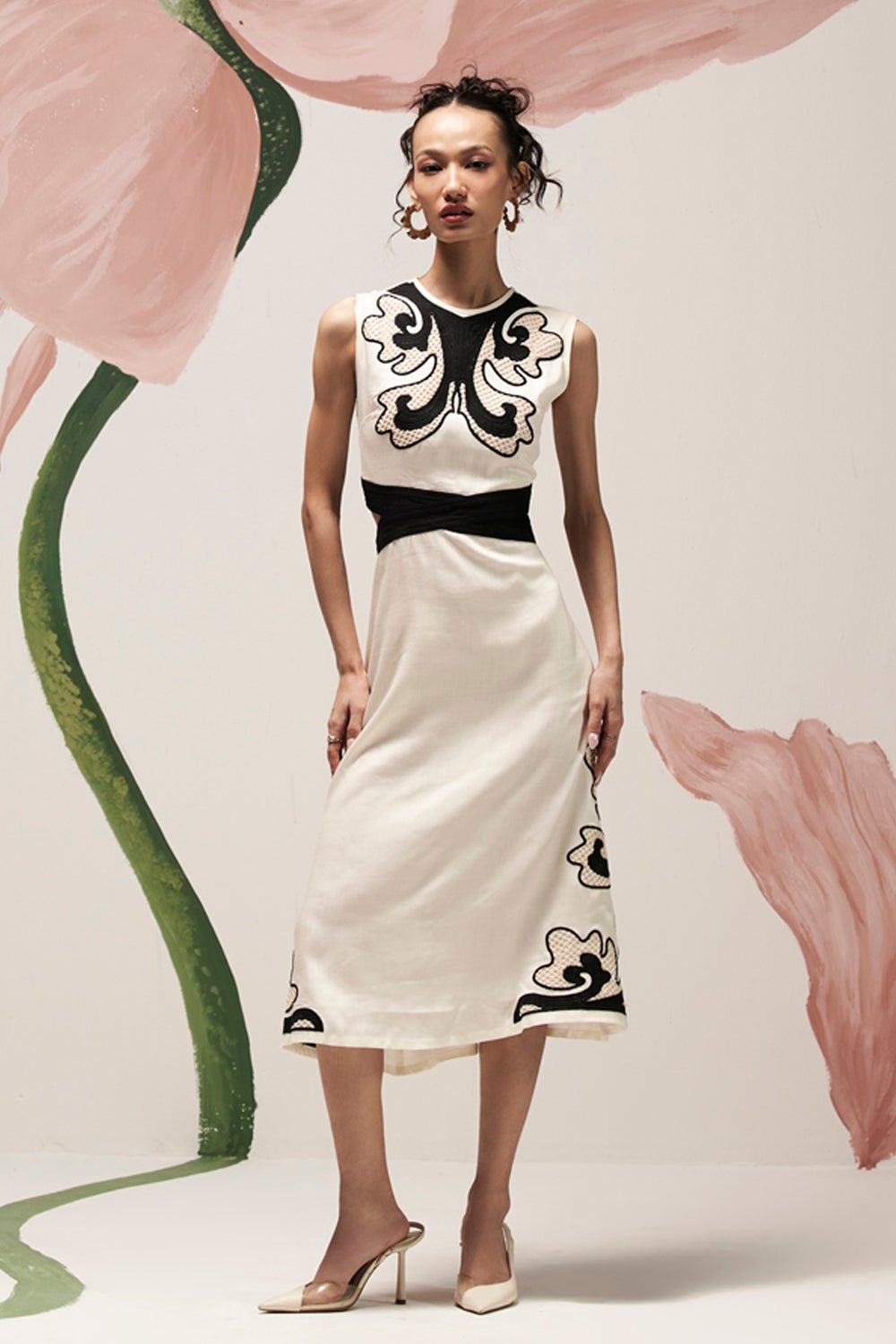 Mochrome Cutwork Embroidered Midi Dress