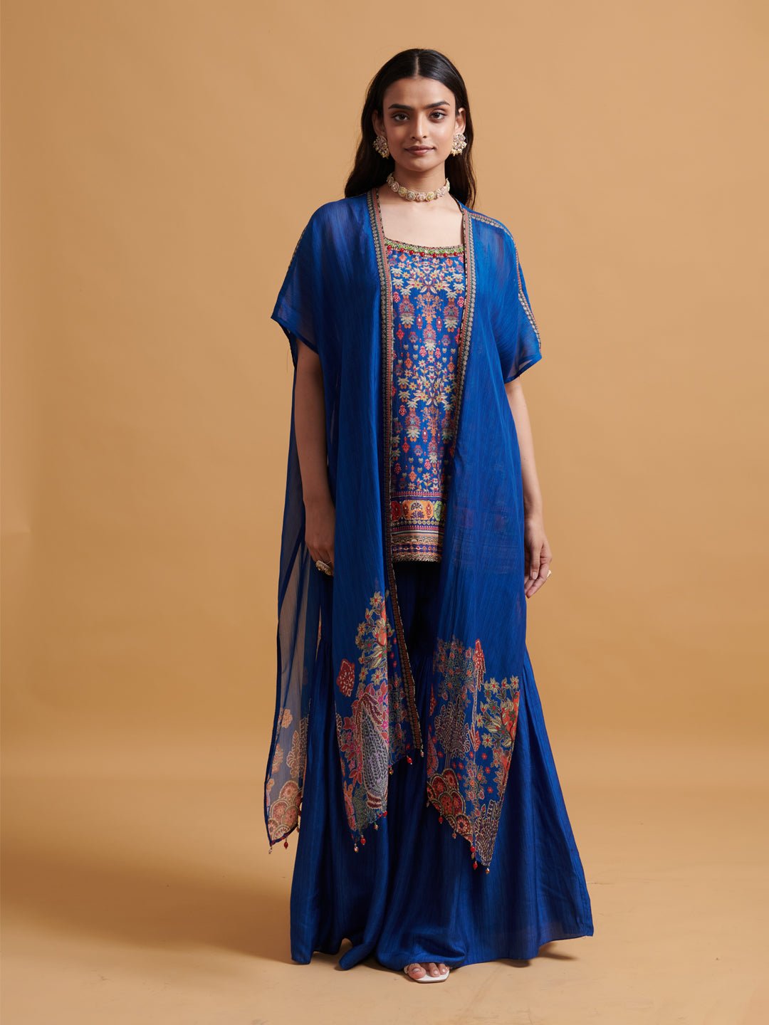Blue Printed Sharara Set with Sheer Cape (3-Piece)
