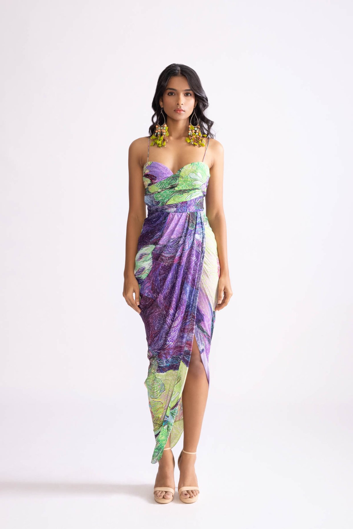 Green/Purple Daisy Print Draped Midi Dress