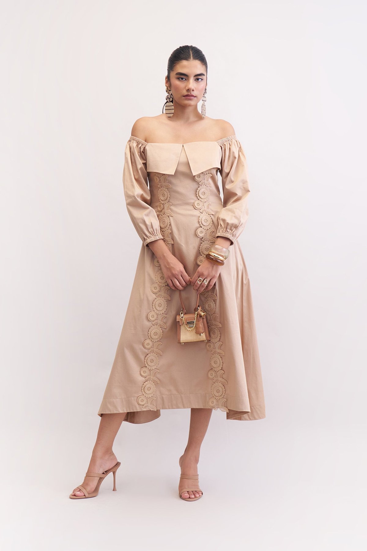 Khaki Cotton Satin Off-Shoulder Fit and Flare Midi Dress