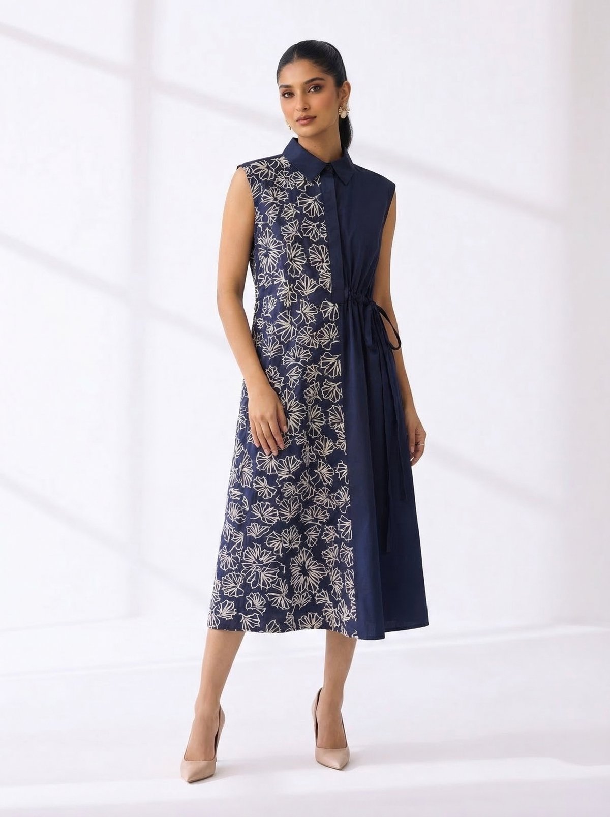 Navy Blue Panelled Midi Shirt Dress with Drawstring Waist
