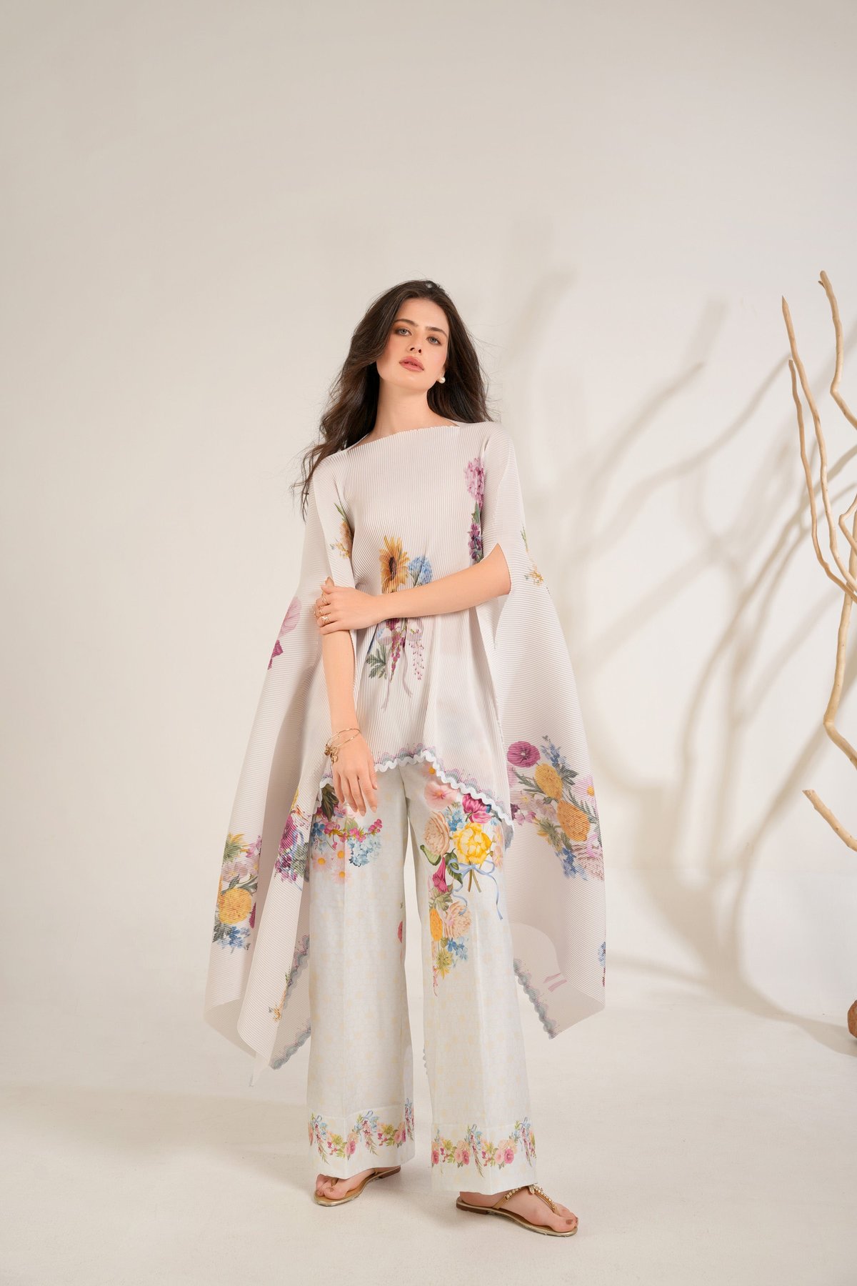 Ivory Pleated Floral Cape and Wide-Leg Trouser Co-ord Set