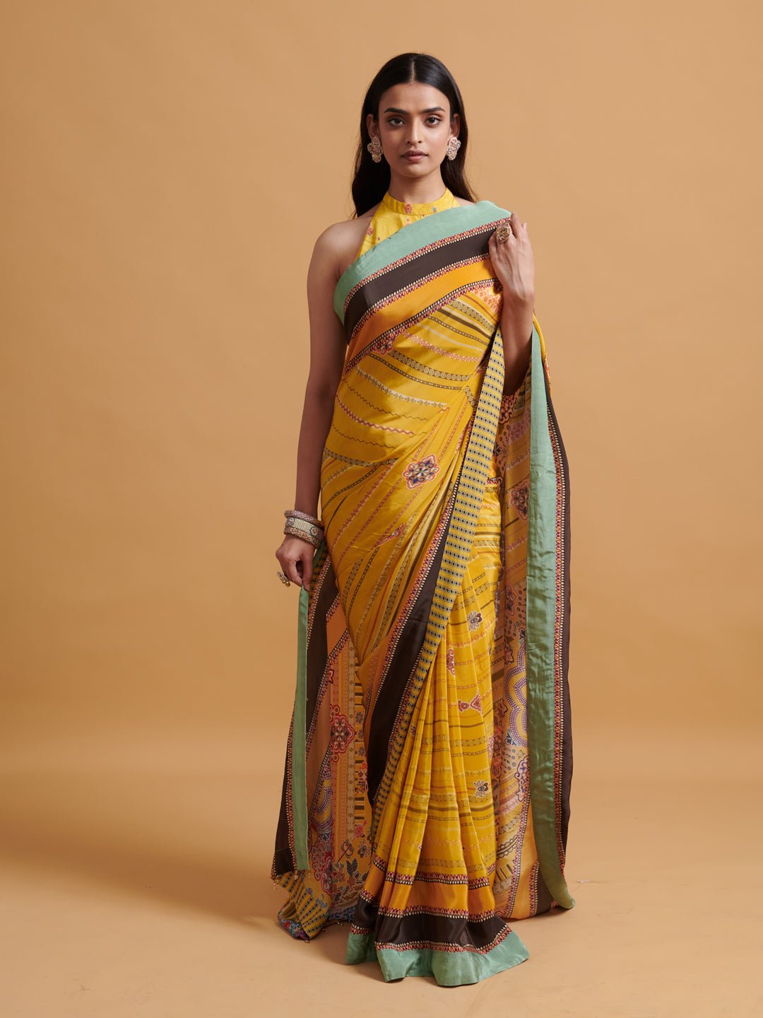 Yellow Printed Viscose Crepe Saree with Crystal-Edged Pallu