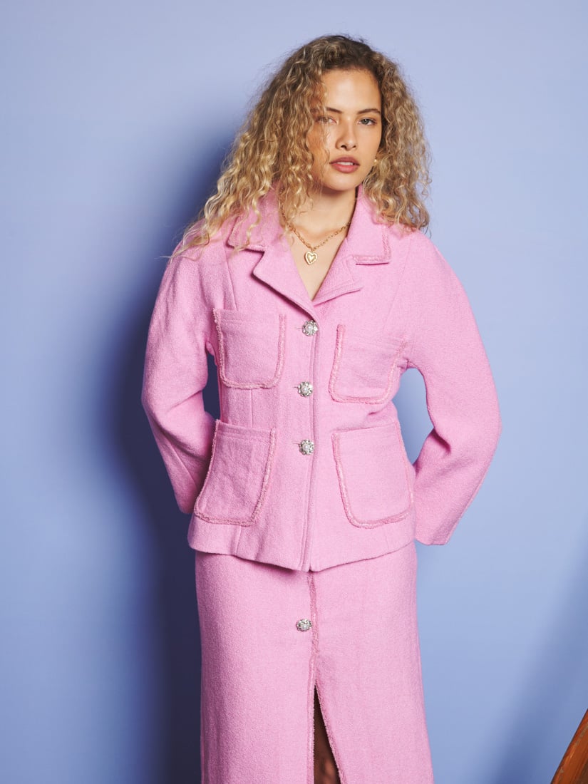 Pink Bouclé Tailored Jacket with Pearl Gem Buttons