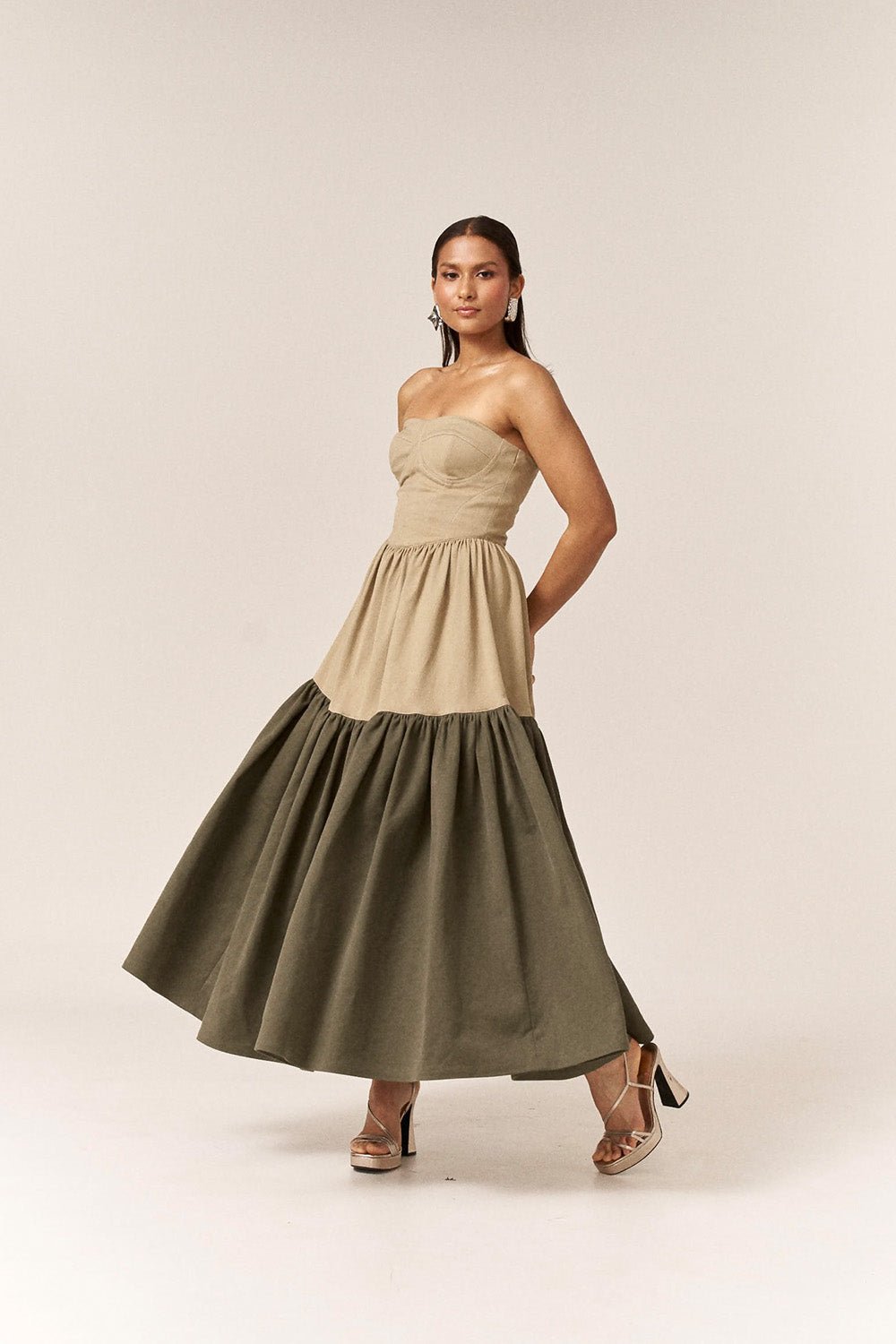 Beige Colorblocked Denim Corset Tiered Maxi Dress