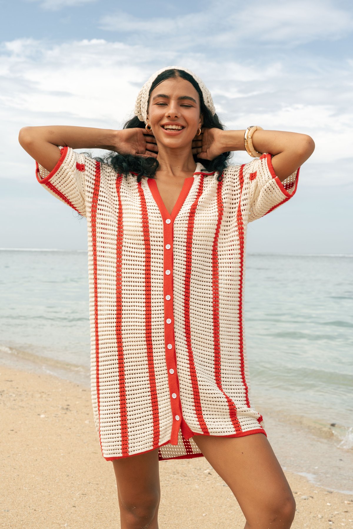 Red and White Striped Crochet Knit Shirt Dress