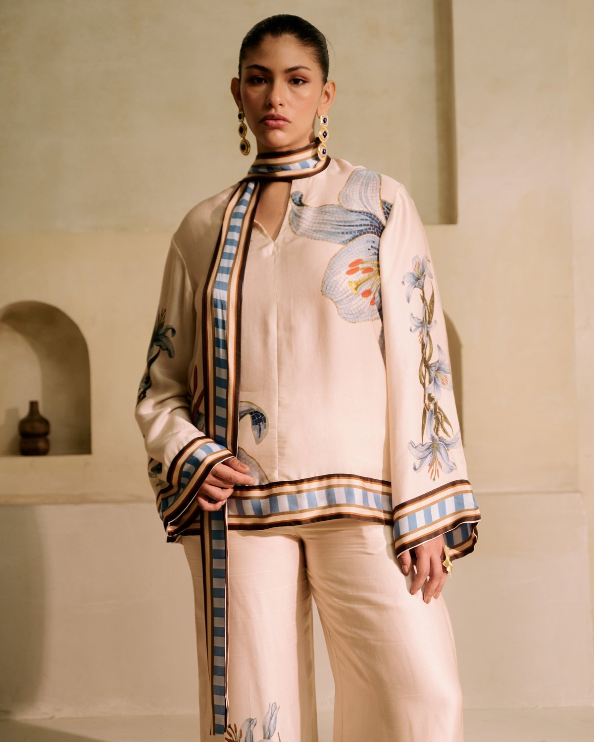 Pink Modal Satin Long Top with Scarf Tie Neck