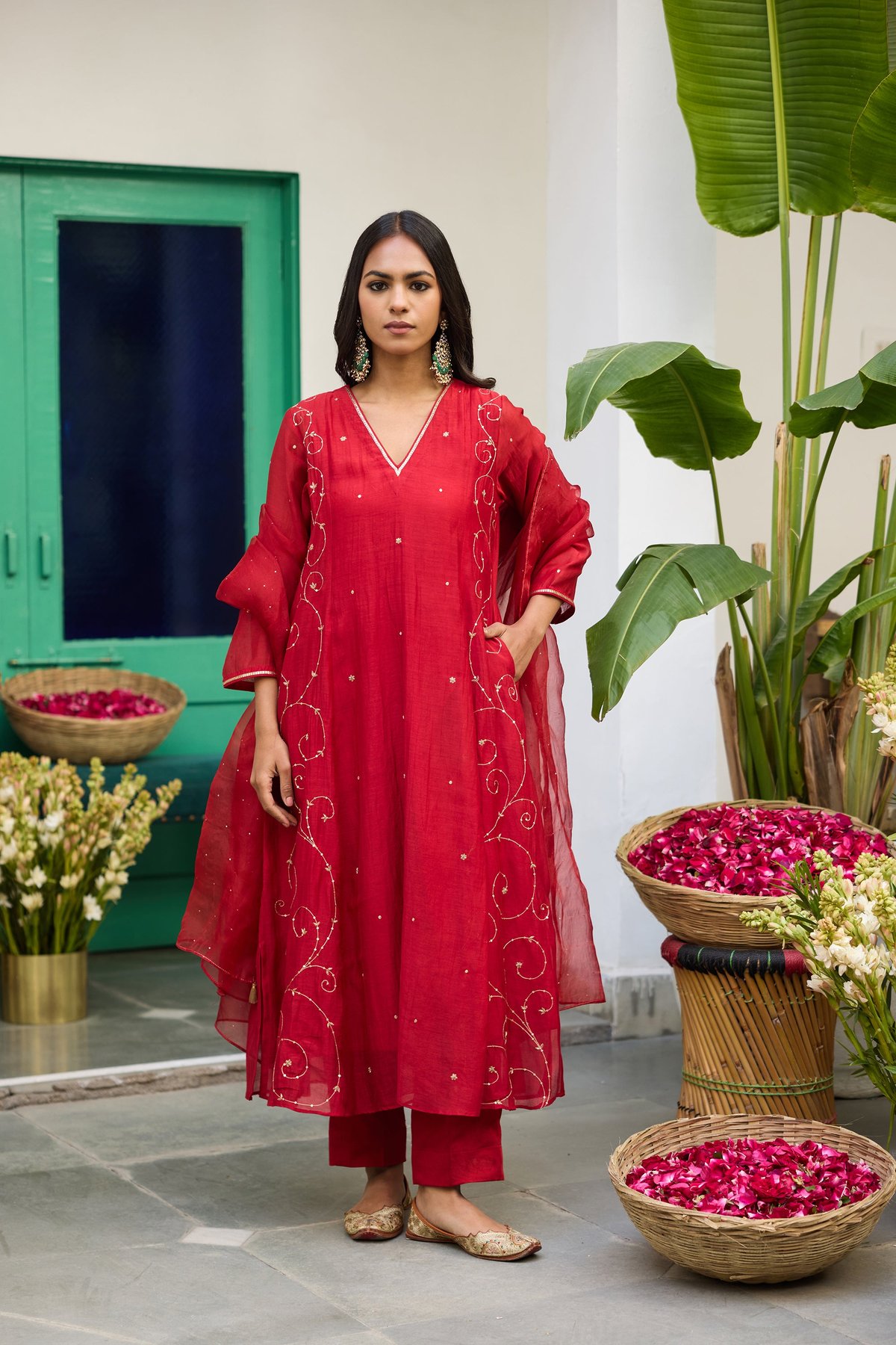 Red Silk Chanderi Flared Embroidered Kurta Set