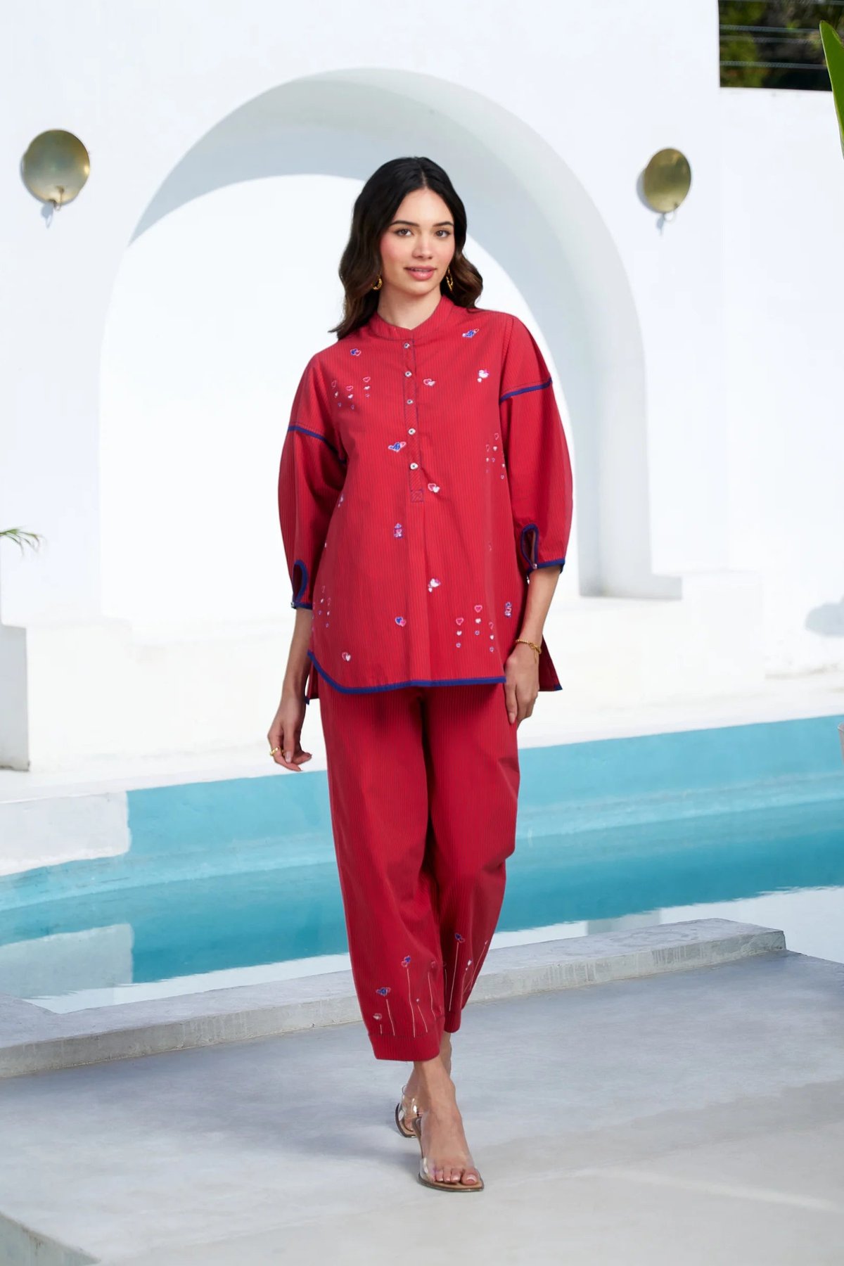 Red Cotton Pinstripe Shirt and Pants Co-ord Set