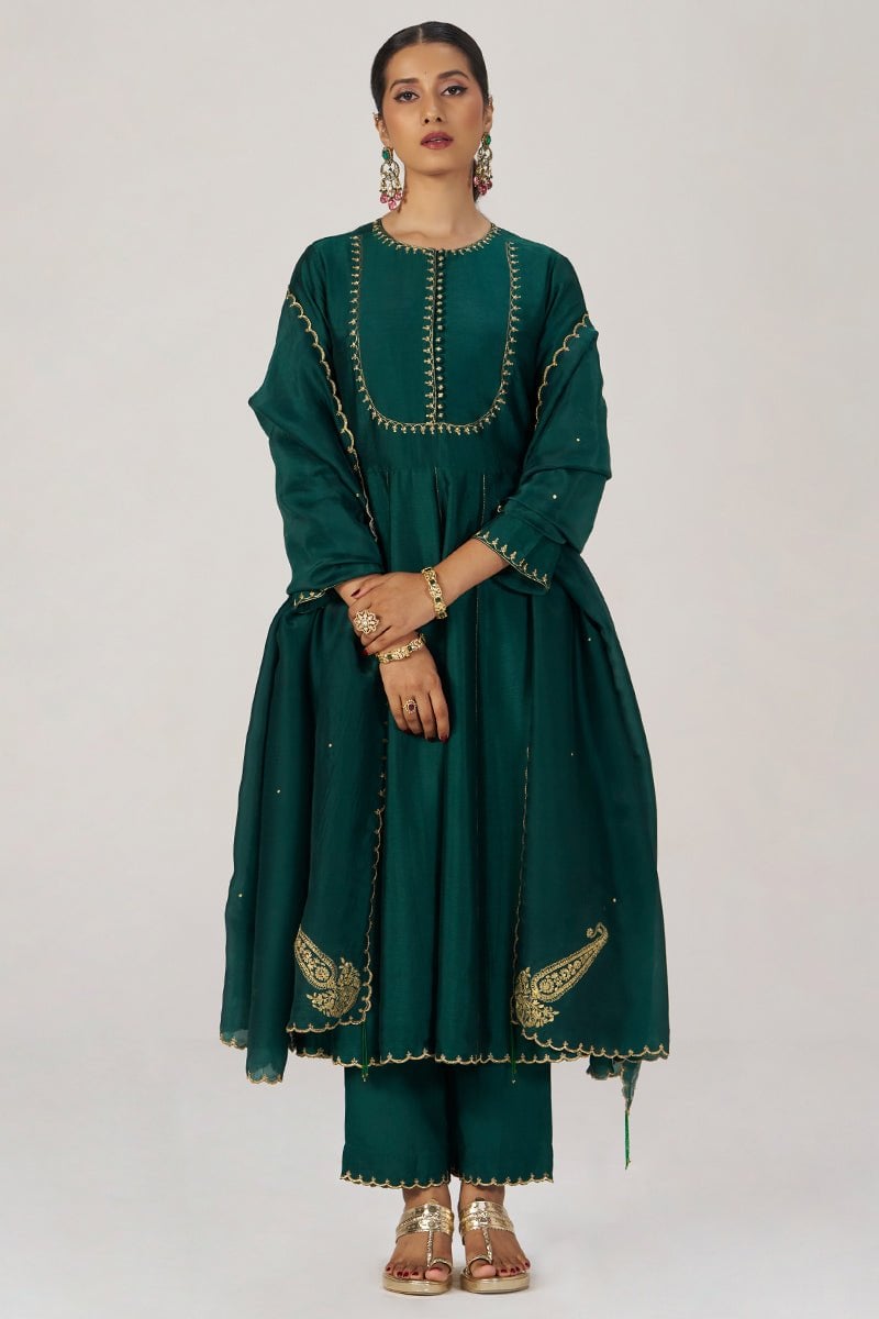 Emerald Green Raw Silk Festive Kurta Set