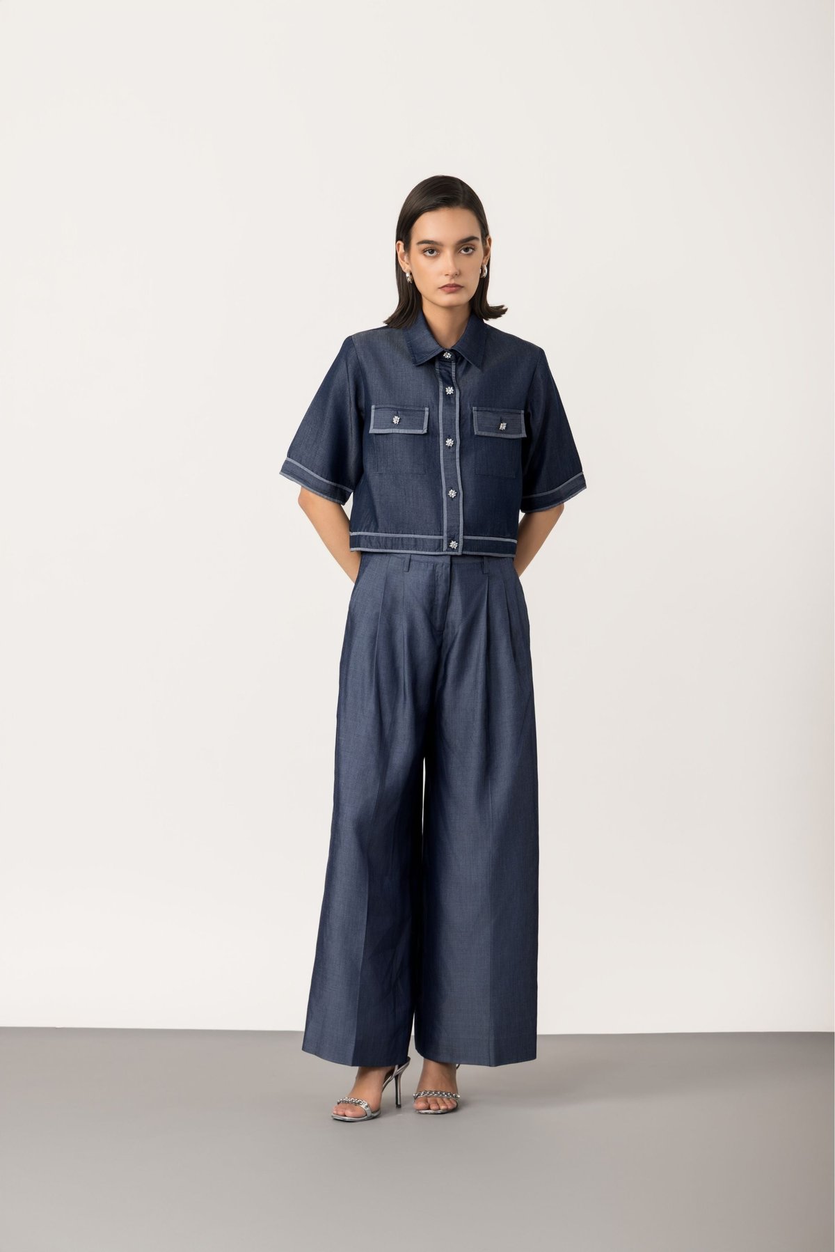 Denim Blue High-Rise Wide-Leg Trousers