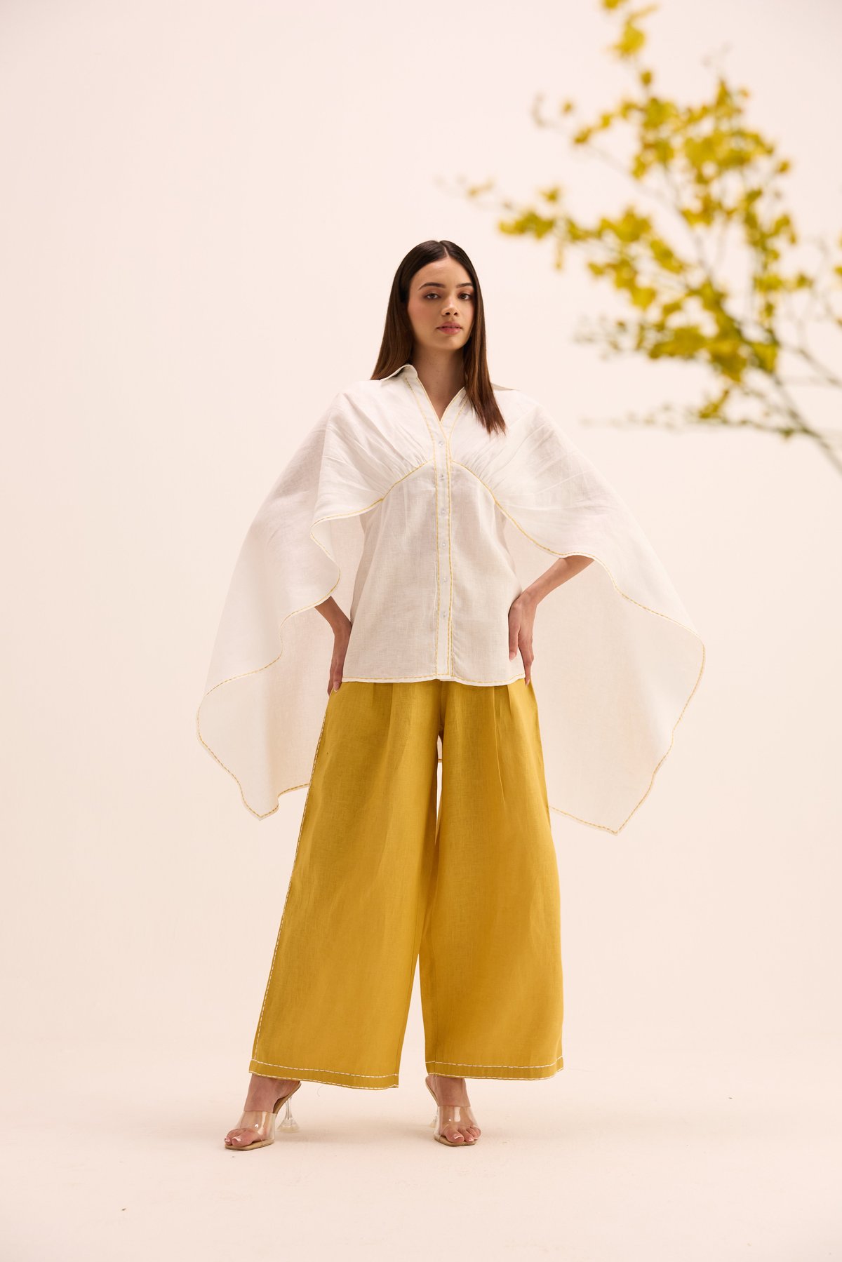 White Linen Cape Shirt and Ochre Wide-Leg Pants Set