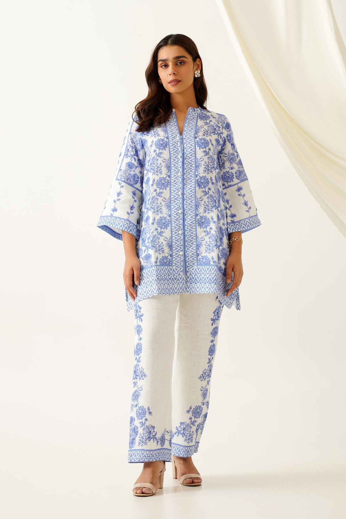 Blue and Cream Floral Printed Linen Co-ord Set