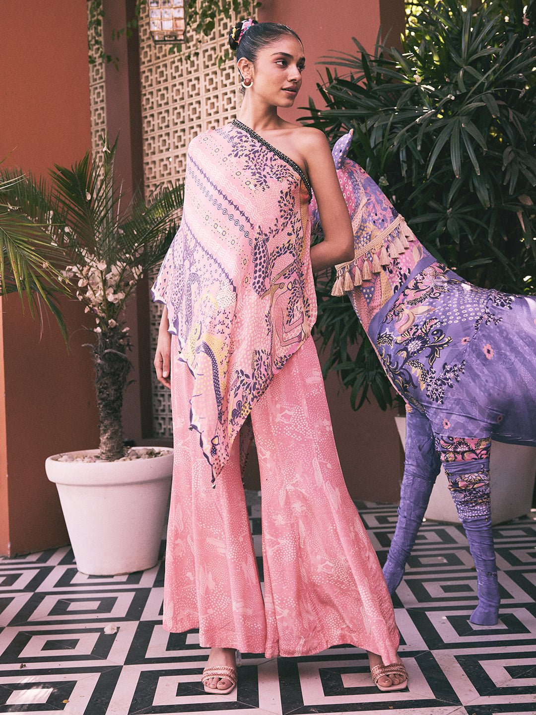 Pink One-Shoulder Printed Co-ord Set with Flared Pants