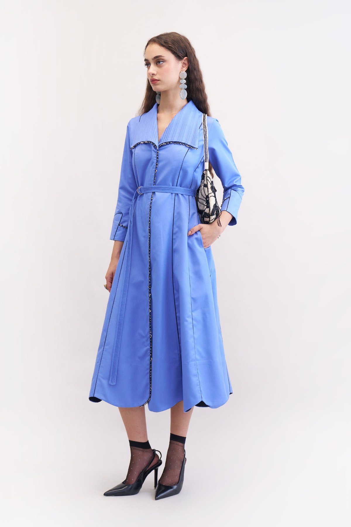 Blueberry Belted Trench-Style Midi Dress