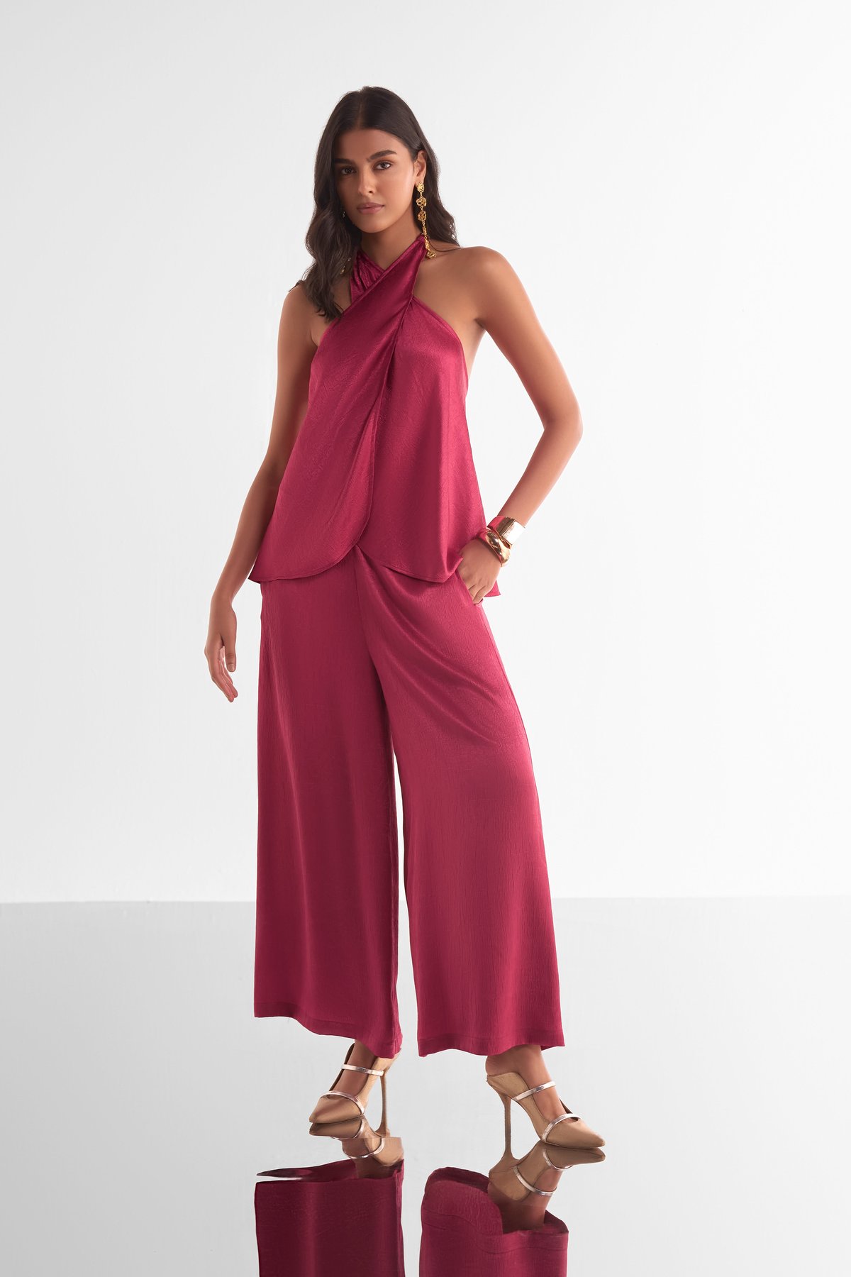 Front Overlap Top & Wide-Legged Pant Set