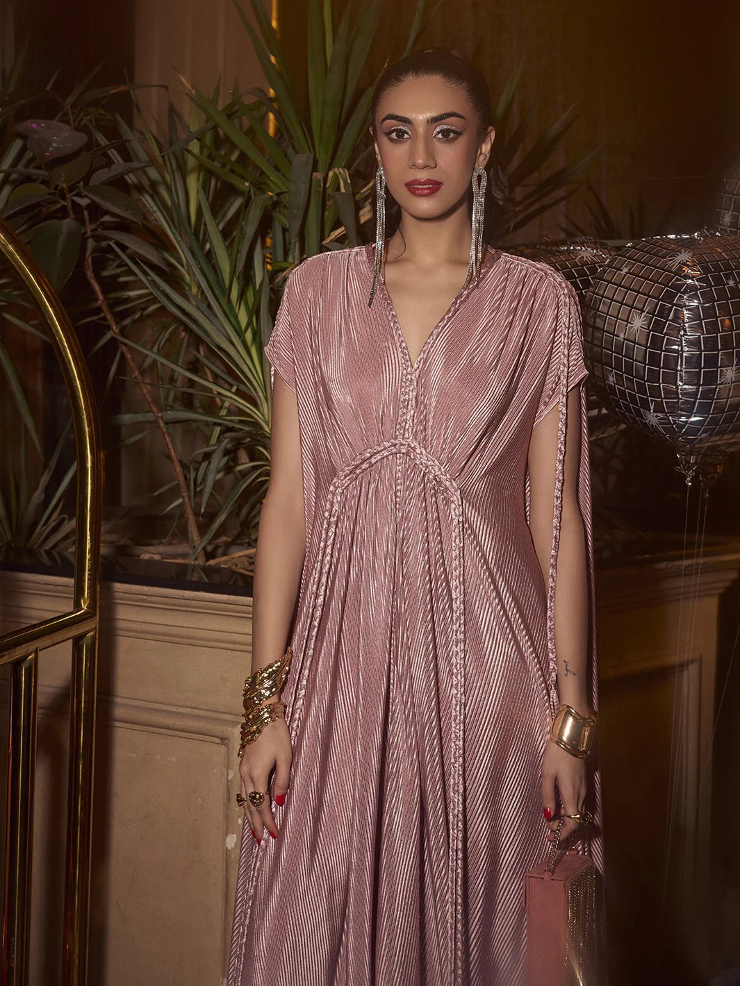 Pink Pleated V-Neck Maxi Gown with Back Tie Belt