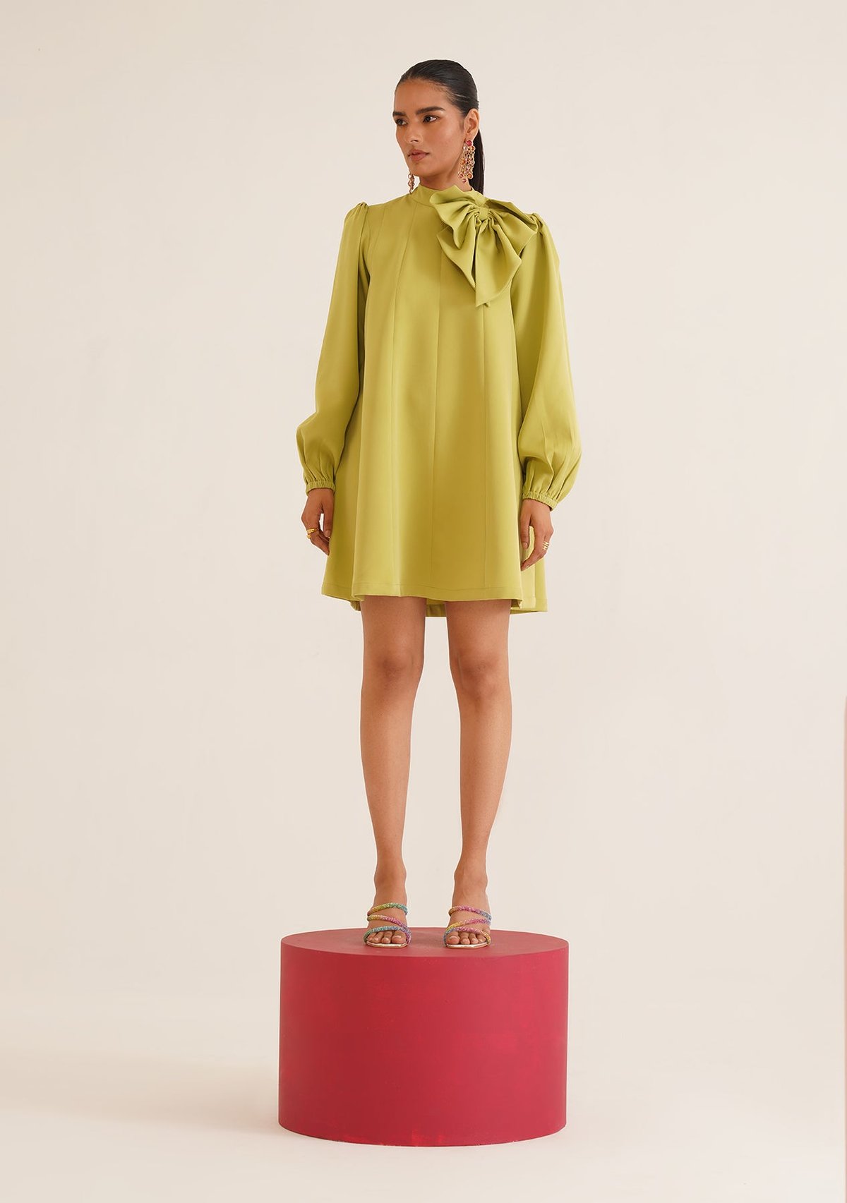 Cyber Green High Neck Bow A-Line Mini Dress