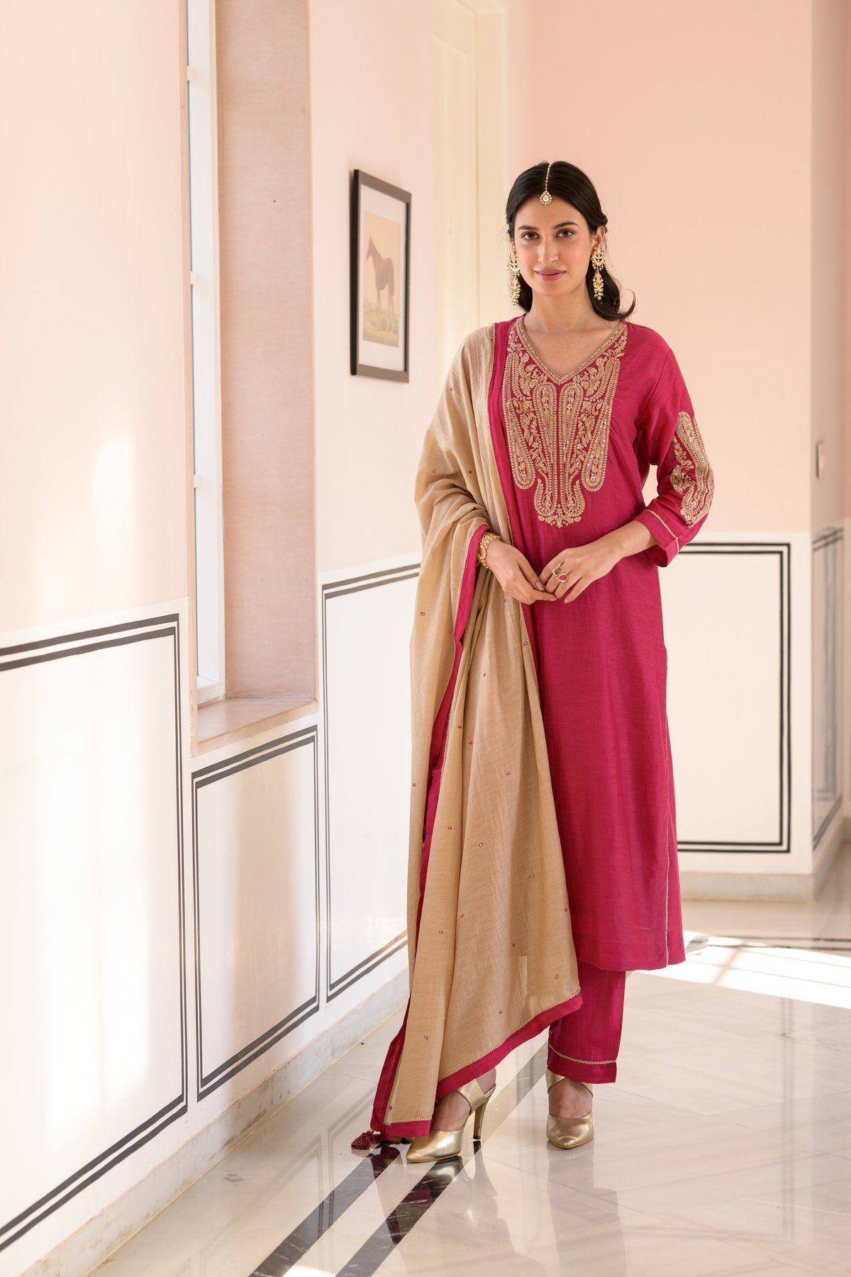 Ruby Pink Marodi Work Mul Chanderi Set