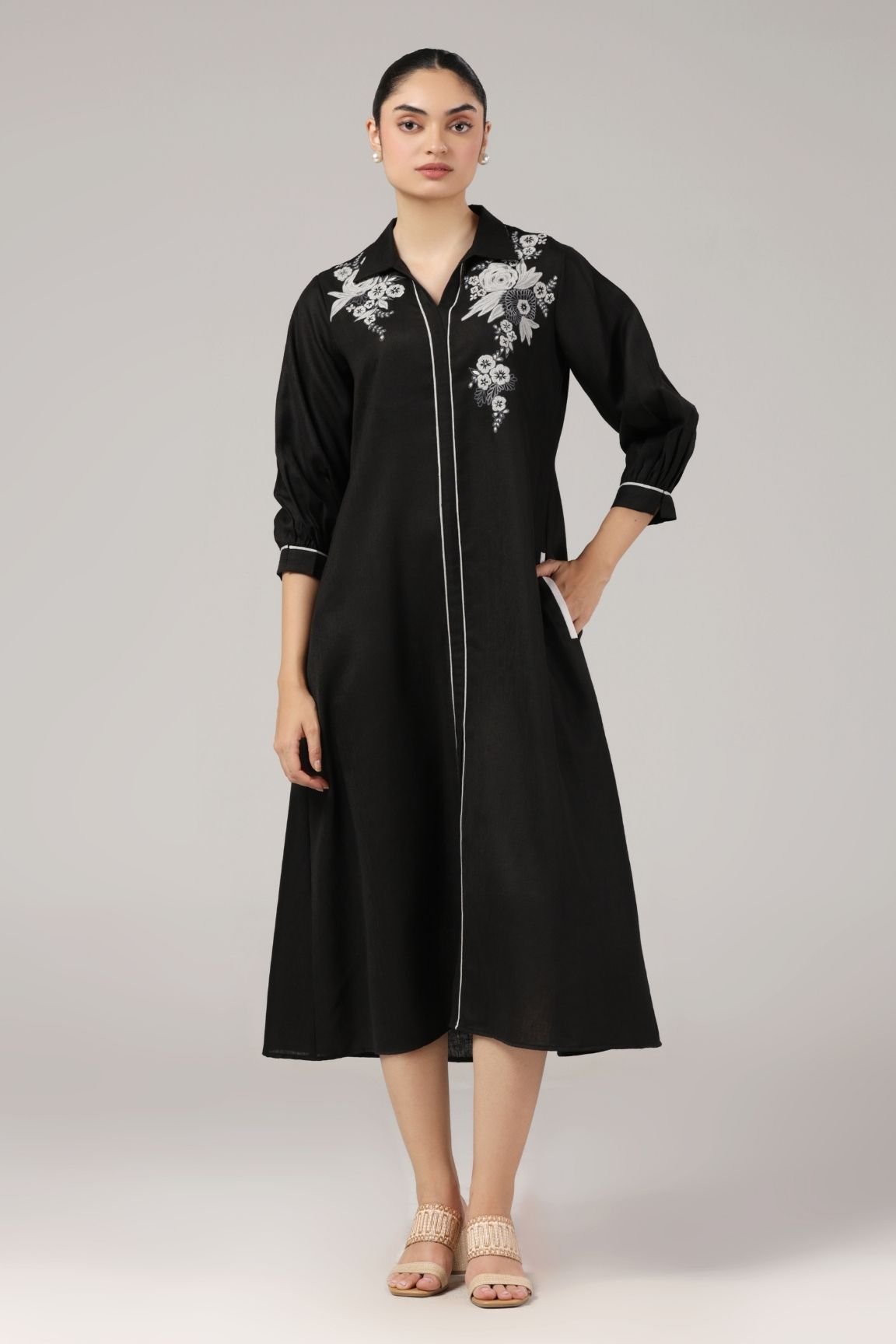 Black Embroidered Cotton Midi Dress