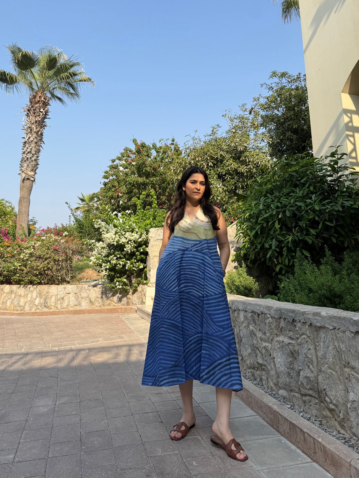 Blue and Yellow Abstract Print Sleeveless Midi Dress