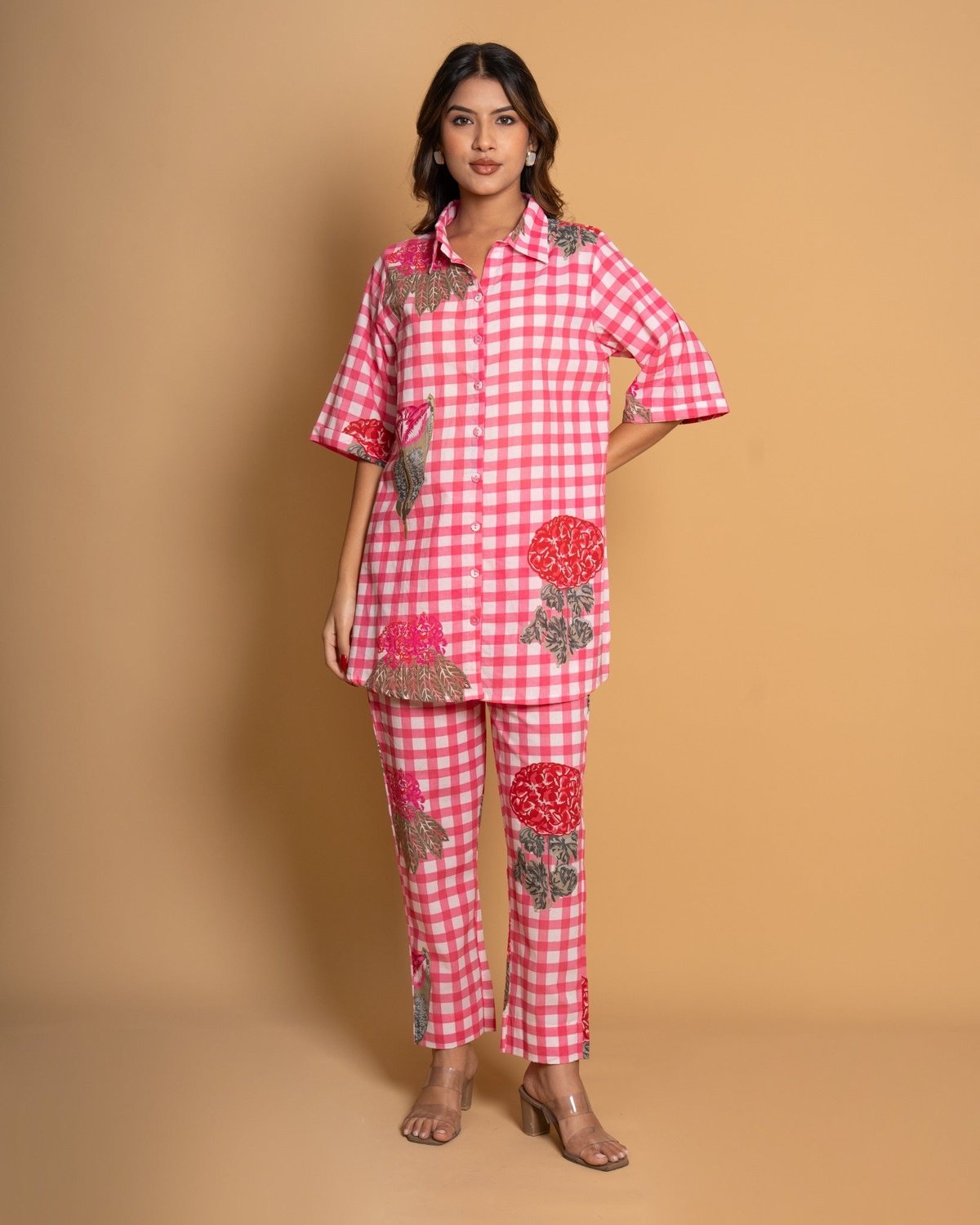 Rosy Checks Digital Print Pink Cotton Co-ord Set (Set of 2)