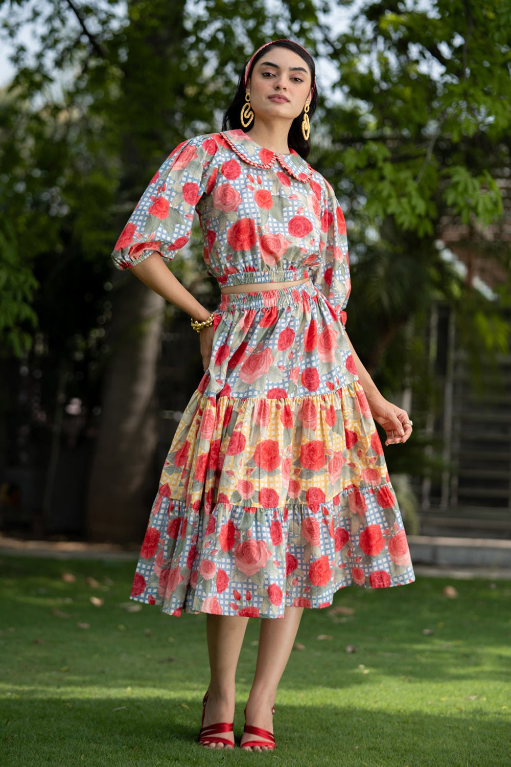 Multicolor Printed Crop Top and Tiered Midi Skirt Co-ord