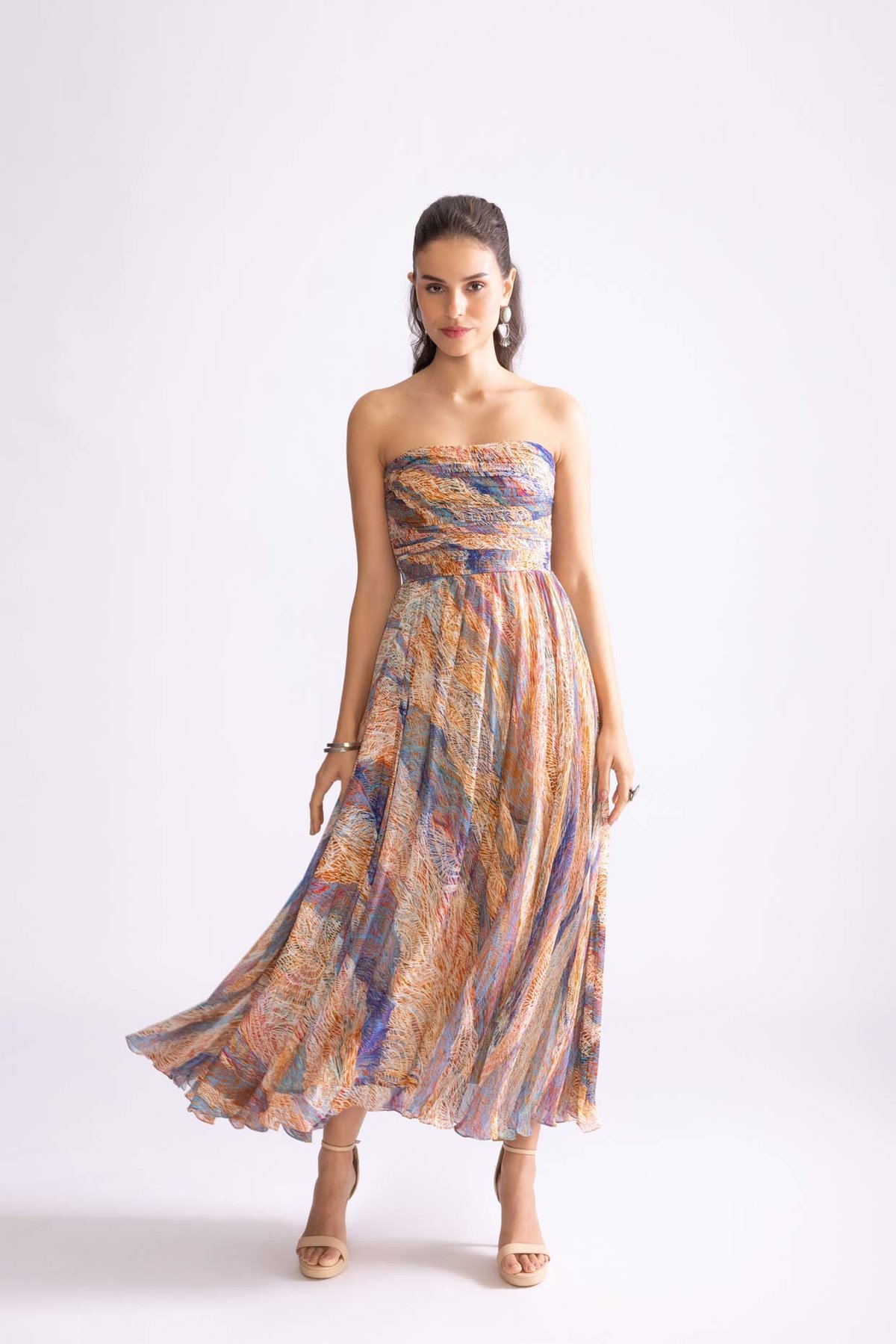 Multi-Colour Wave Print Strapless Chiffon Midi Dress