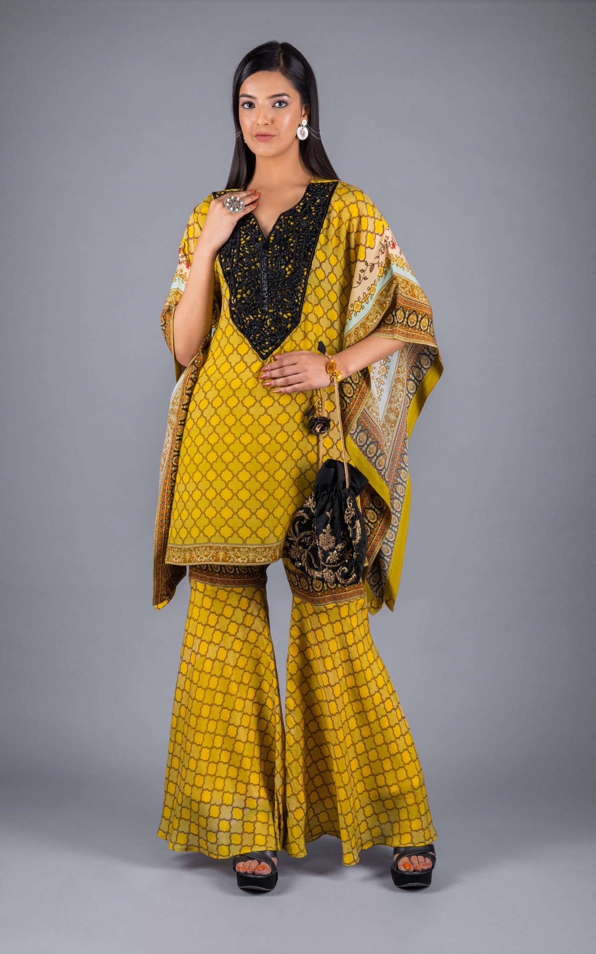 Yellow Printed Co-ord Set with Embroidered Neckline