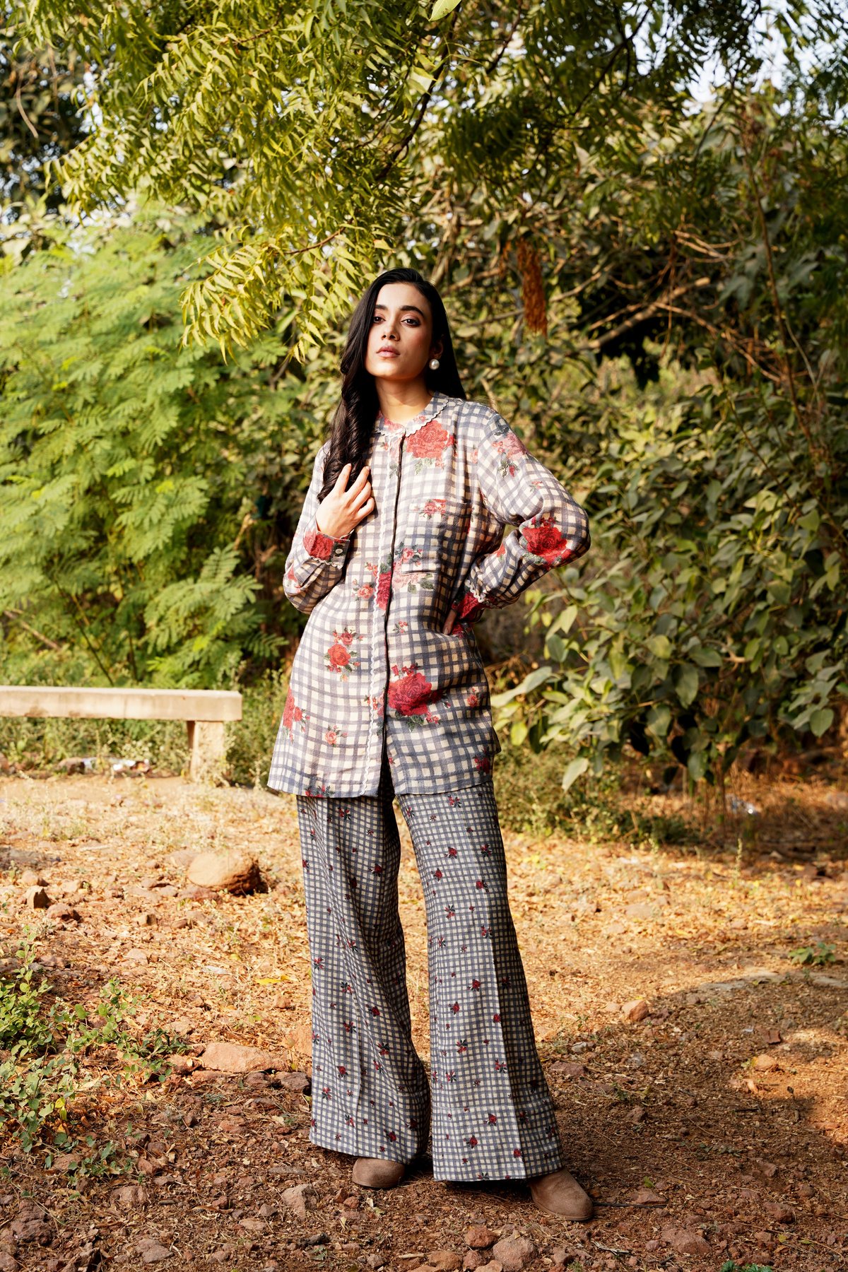 Checked Floral Kurta and Wide-Leg Pants Co-ord Set