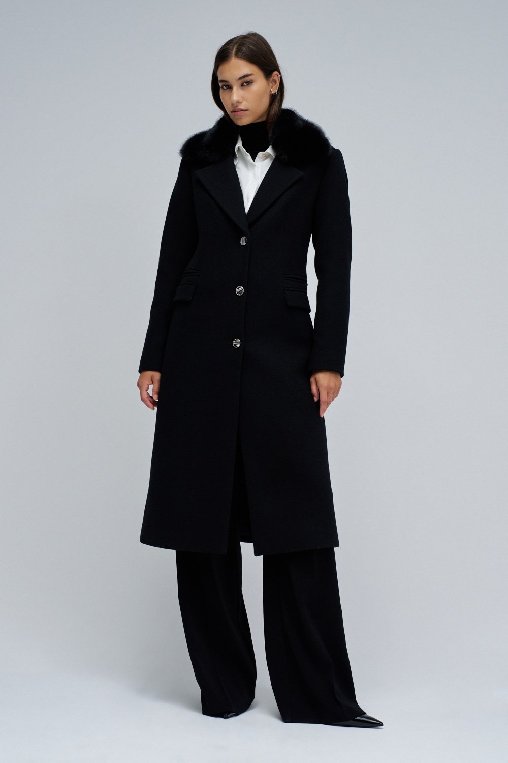 Black Tailored Longline Coat with Fur-Trim Collar