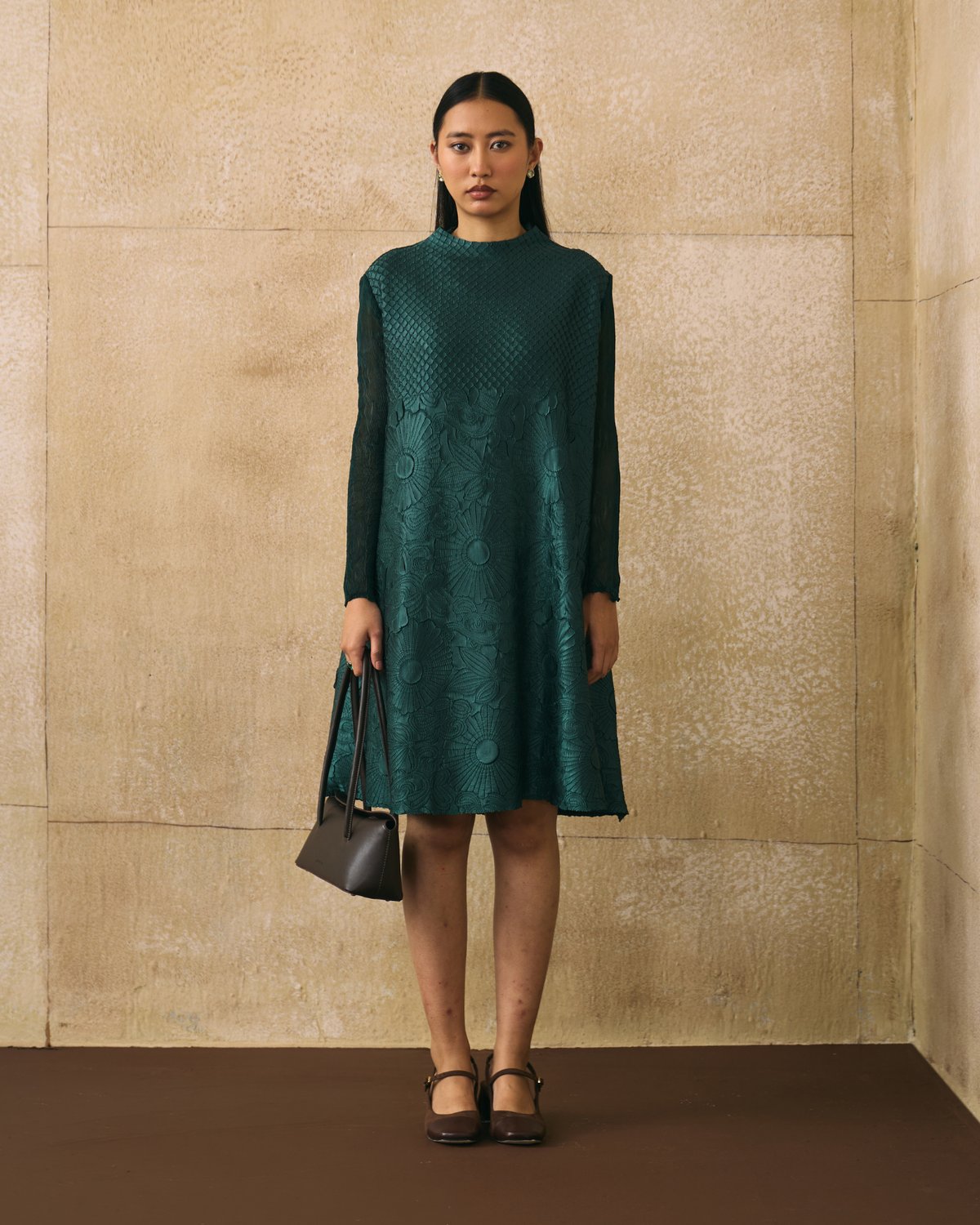Bottle Green Textured A-Line Knee-Length Dress