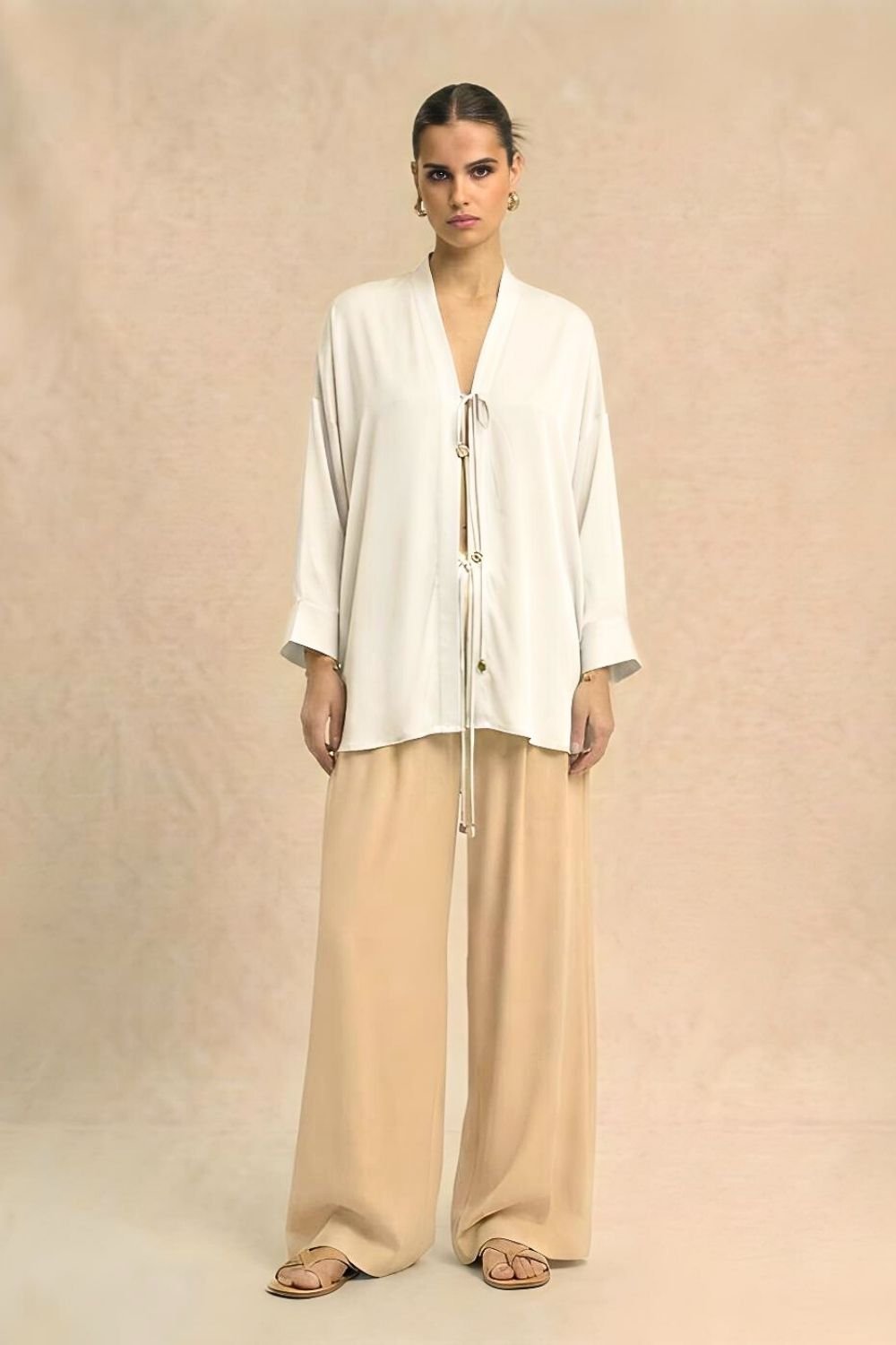 Ivory Bemberg Silk Wrap Blouse with Tie-Up Closure